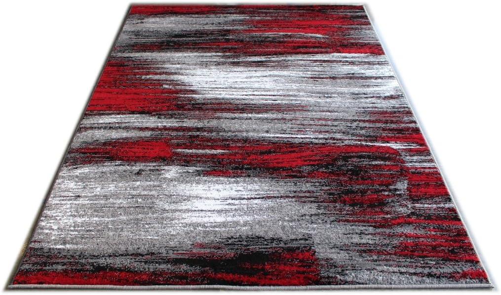 BizChair Modern Contemporary Area Rug, Red Grey Black (5 Feet X 7 Feet)