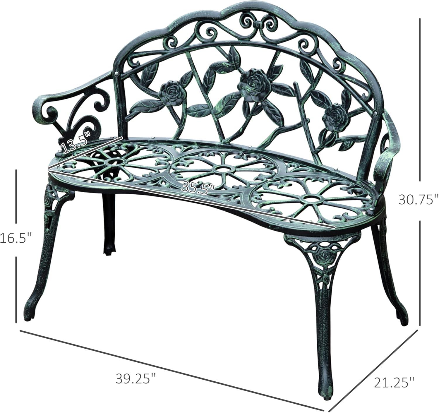 Antique Green Cast Aluminum Outdoor Bench with Floral Design