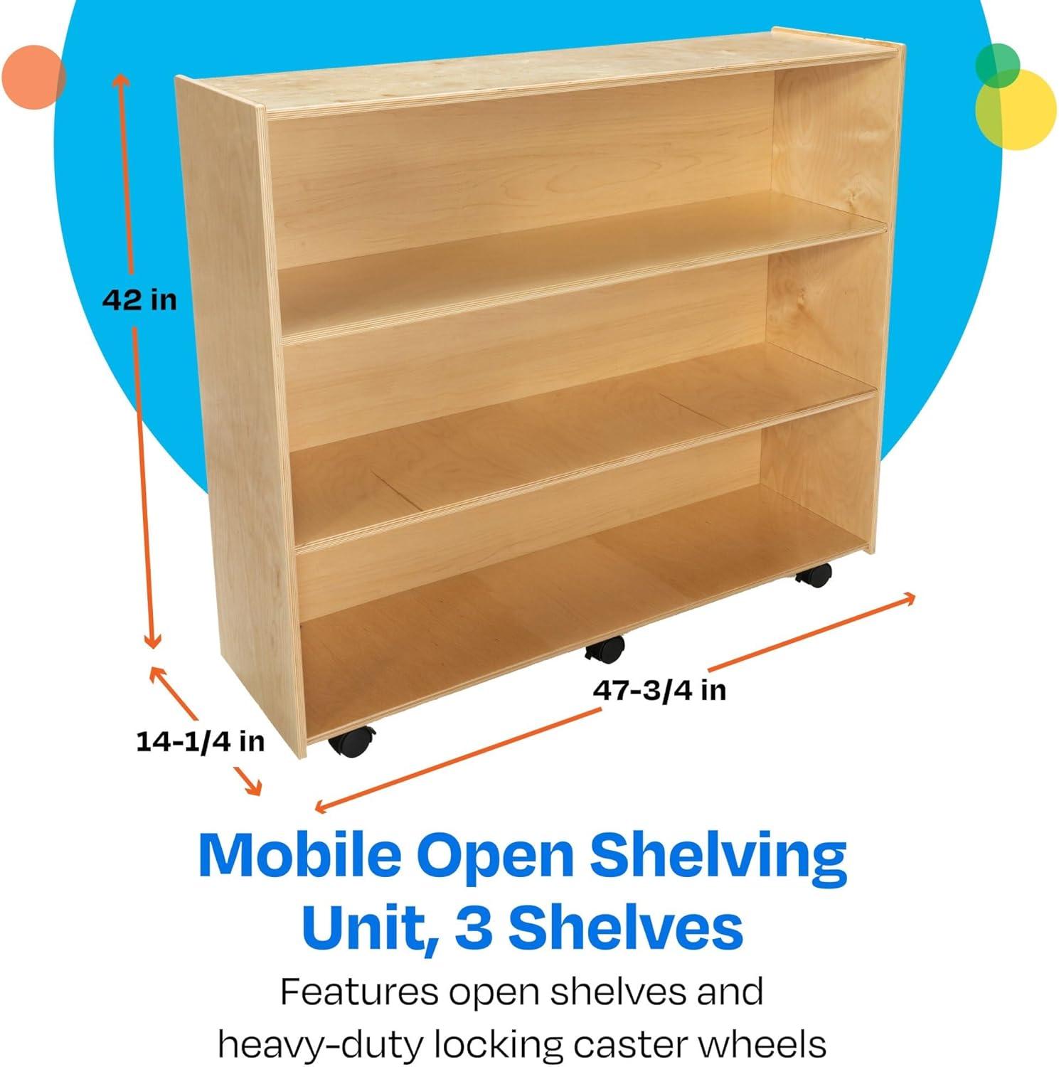 Childcraft Mobile Open Shelving Unit for Classrooms, 3-Shelf Wooden Book and Toy Organizer Bookcase, 47-3/4 x 14-1/4 x 42 Inches