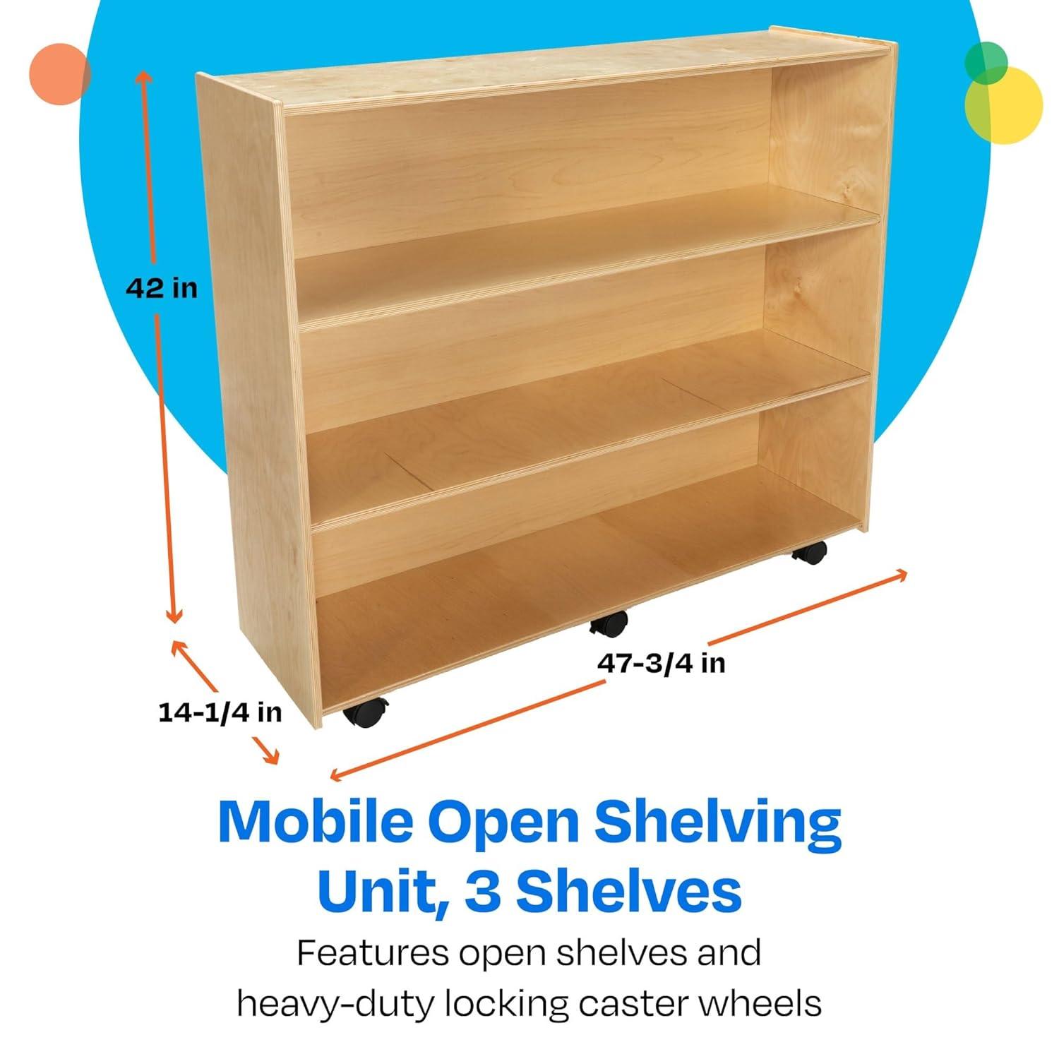 Childcraft Mobile Open Shelving Unit for Classrooms, 3-Shelf Wooden Book and Toy Organizer Bookcase, 47-3/4 x 14-1/4 x 42 Inches