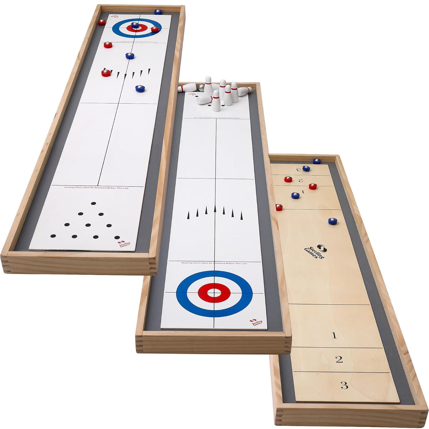 Sterling Games Tabletop Shuffleboard, Bowling and Curling 3 in 1 Combo Game Board Set for Kids and Family