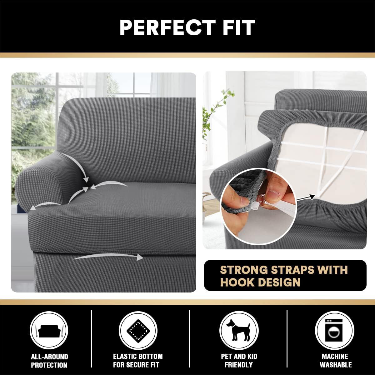 PrinceDeco T Cushion Loveseat Slipcover 3 Pieces Sofa Covers for T Cushion Sofa Stretch Sofa Covers for 2 Cushion Couch with 2 Individual T Shape Seat Covers Width Up to 72"- Washable, Grey