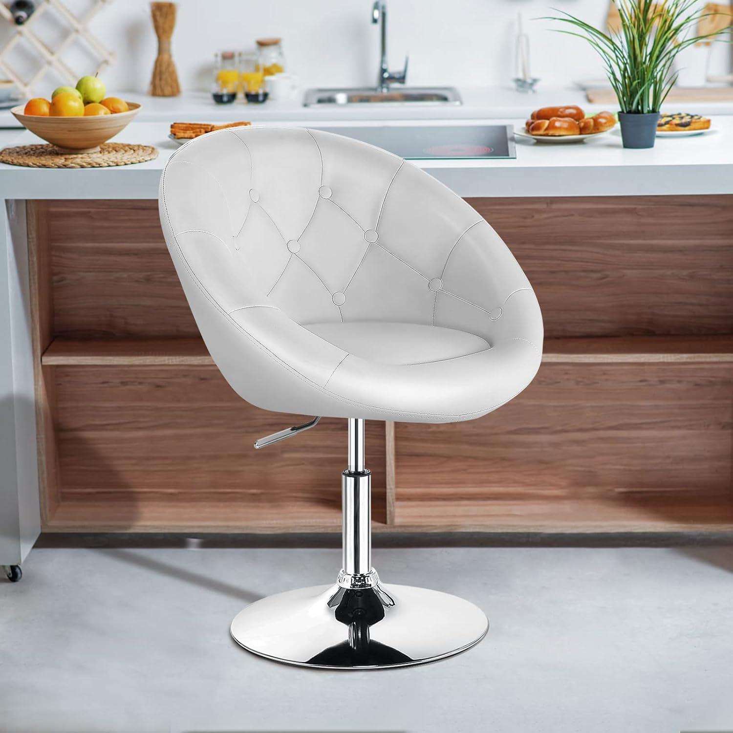Costway 1PC Adjustable Modern Swivel Round Tufted Back Accent Chair PU Leather White