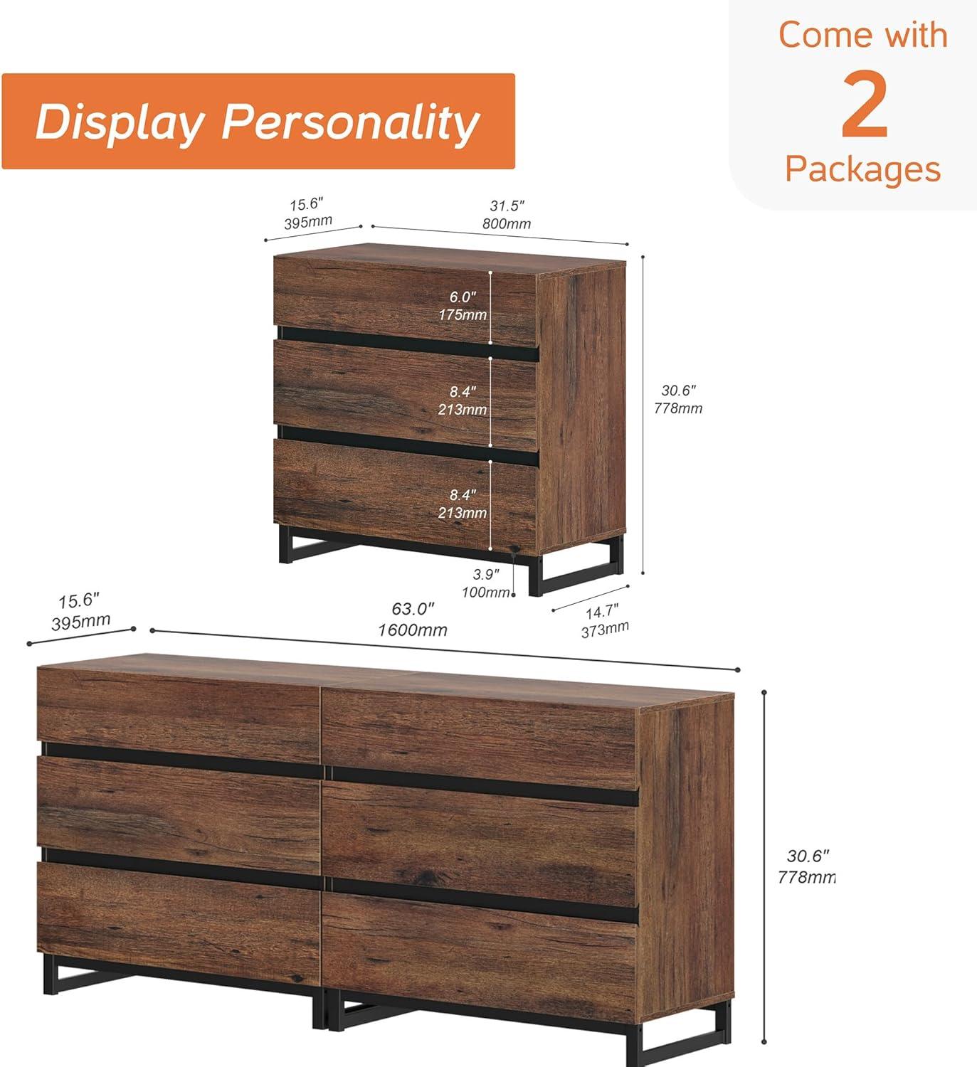 WAMPAT Dresser for Bedroom, Closet Organizers and Storage with 6 Drawers, Chest of Drawers with Metal Base, Modern Wood Dresser for Living Room, Entryway, Brown
