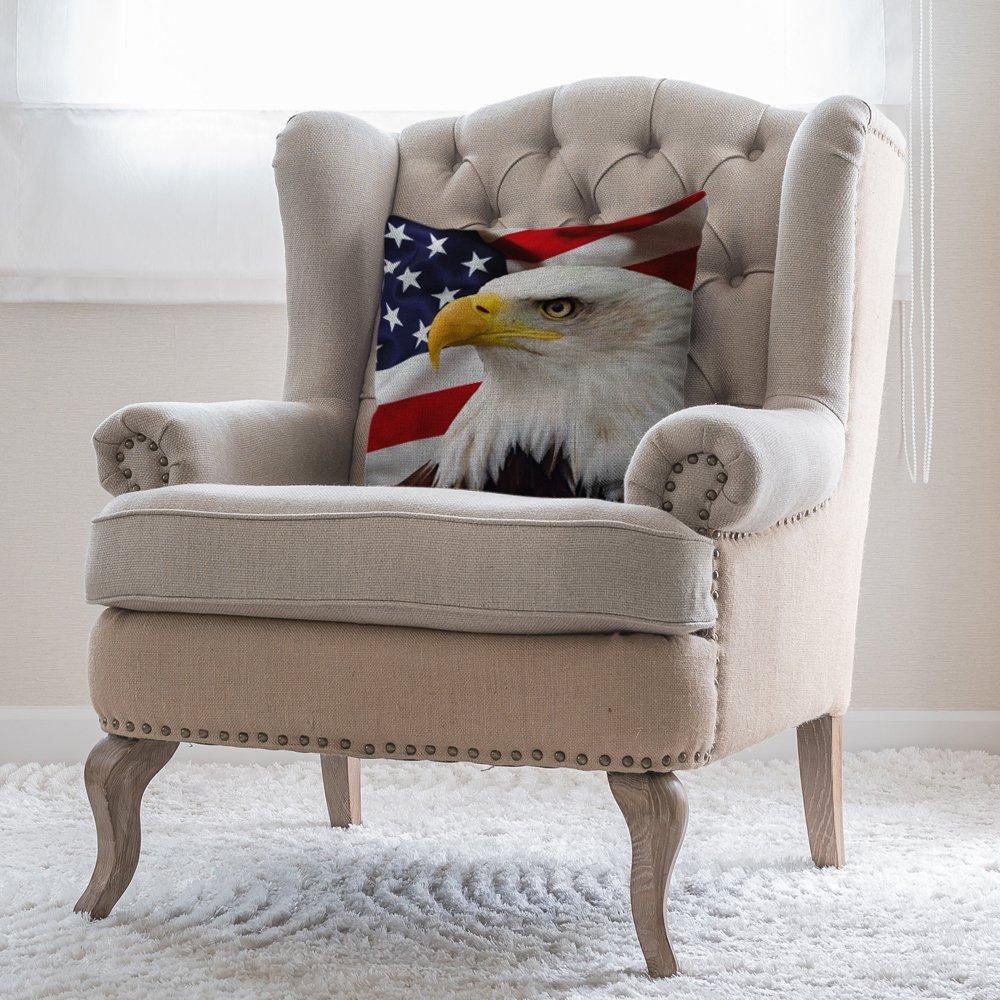 Patriotic Eagle and American Flag Cotton Linen Throw Pillow