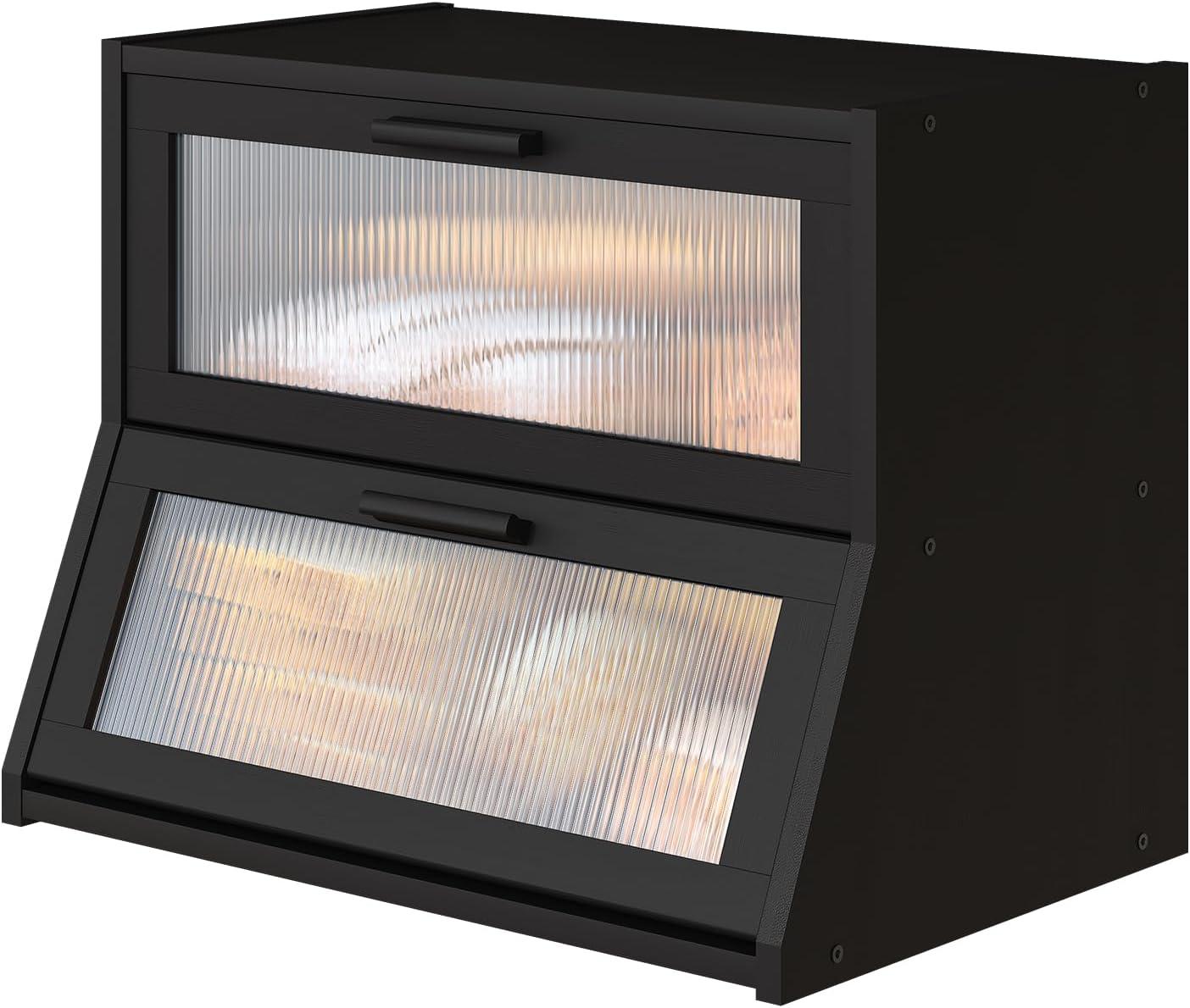 Black Large Bread Box for Kitchen Counter, Bamboo Wooden Double Layer Large Capacity Bread Storage Bin with Acrylic Wavy Door Panel (Black)