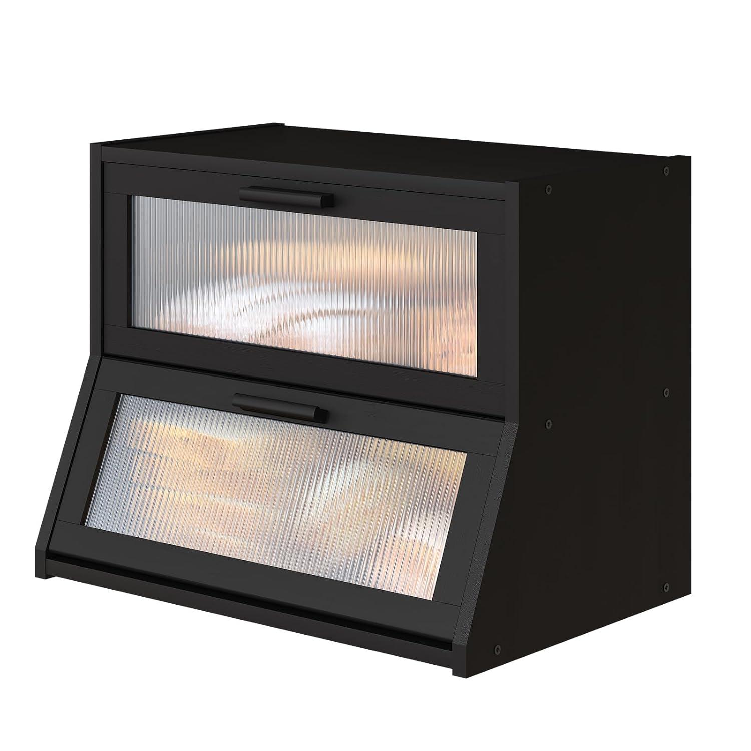 Black Large Bread Box for Kitchen Counter, Bamboo Wooden Double Layer Large Capacity Bread Storage Bin with Acrylic Wavy Door Panel (Black)