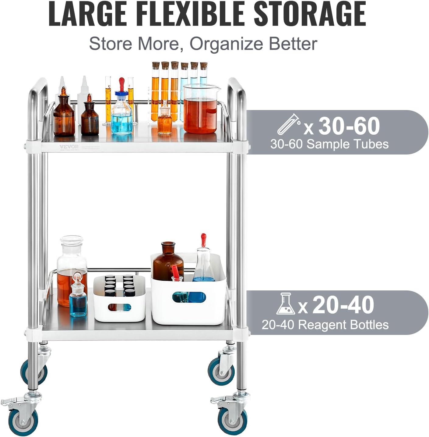 VEVOR Lab Rolling Cart, 2-Shelf Stainless Steel Rolling Cart, Lab Serving Cart with Swivel Casters, Dental Utility Cart for Clinic, Lab, Hospital, Salon, 15.16"x21.57"x34.06"
