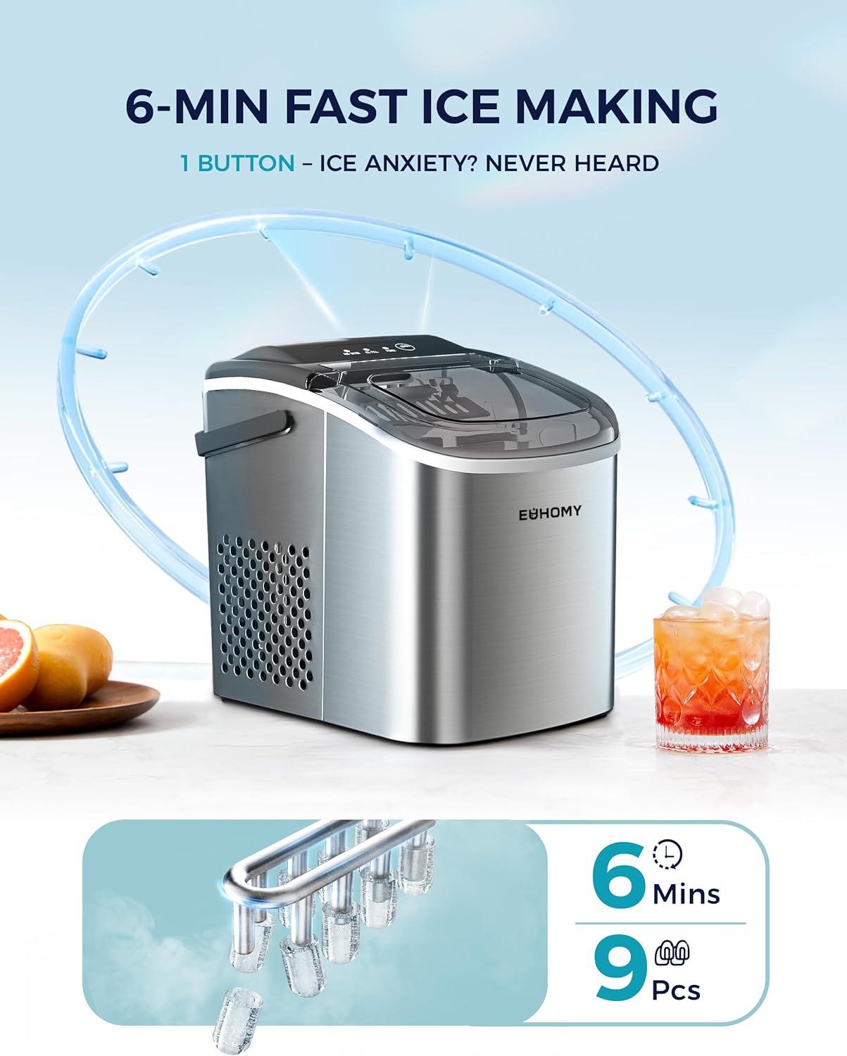 Ice Maker Countertop with Handle, 26lbs in 24Hrs, 9 Ice Cubes Ready in 6 Mins, Auto-Cleaning Portable Ice Maker with Basket and Scoop, for Home/Kitchen/Camping/RV. (2024 New Silver) Utensils