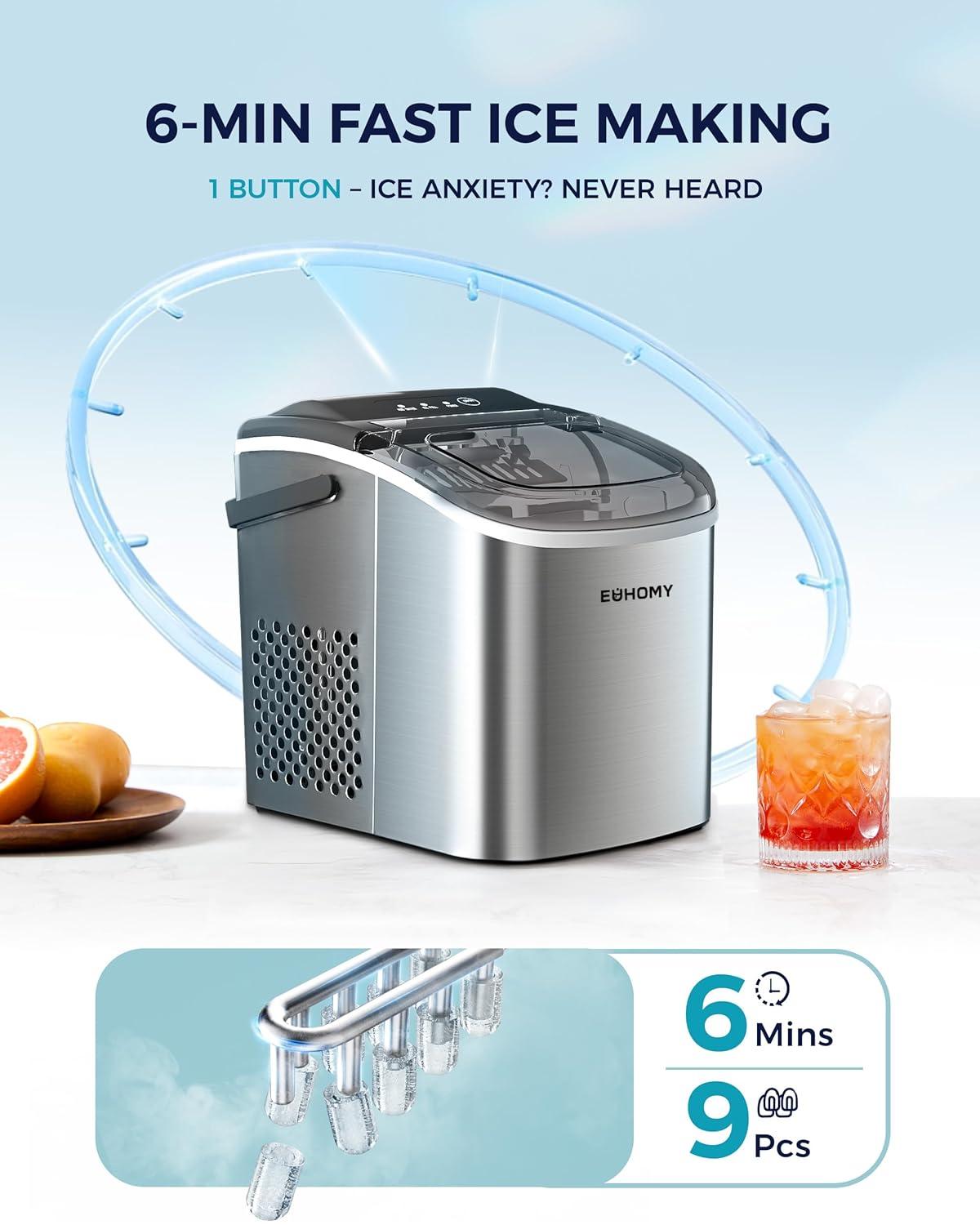Ice Maker Countertop with Handle, 26lbs in 24Hrs, 9 Ice Cubes Ready in 6 Mins, Auto-Cleaning Portable Ice Maker with Basket and Scoop, for Home/Kitchen/Camping/RV. (2024 New Silver) Utensils