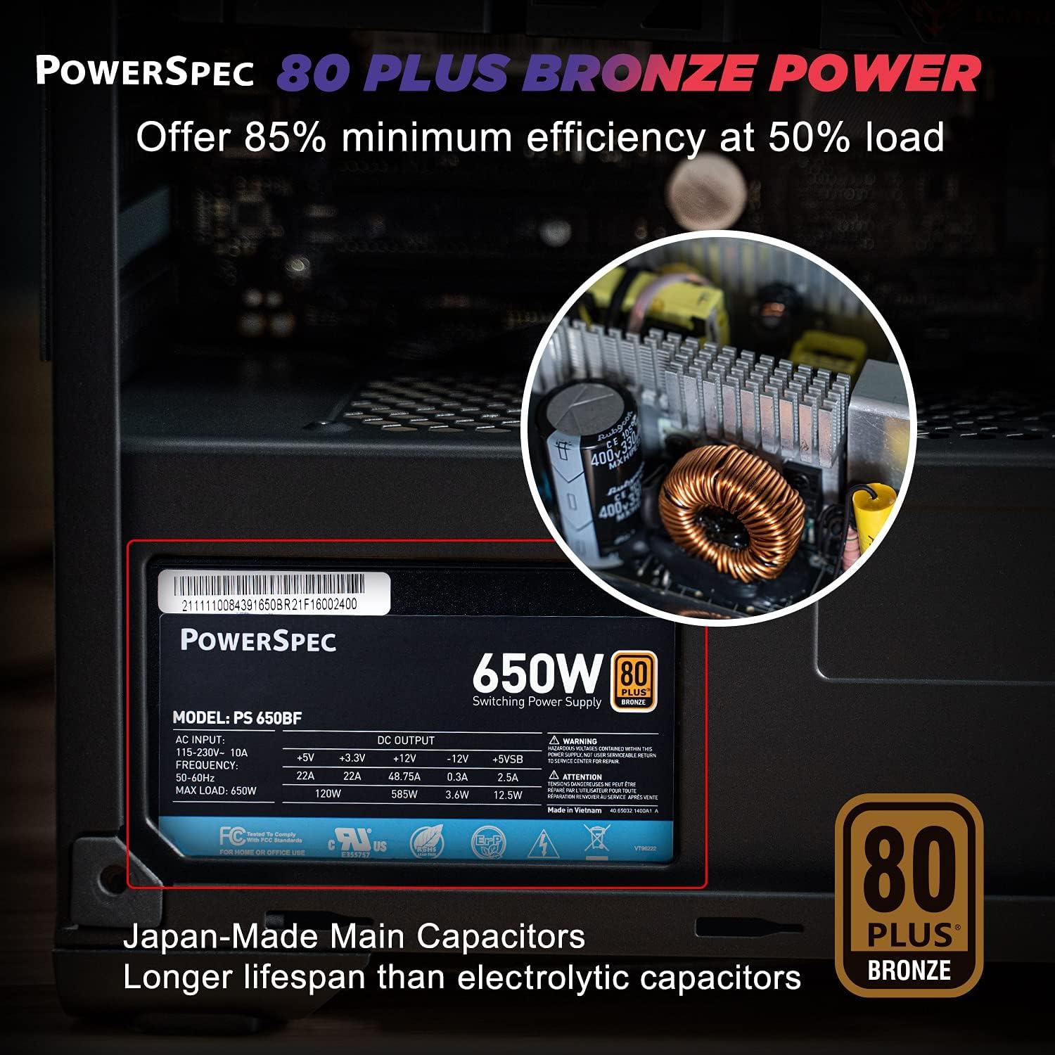 PowerSpec 650W Power Supply Semi Modular 80 Plus Bronze Certified ATX PSU Active PFC SLI Crossfire Ready Gaming PC Computer Power Supplies, PS 650BSM(White Edition)