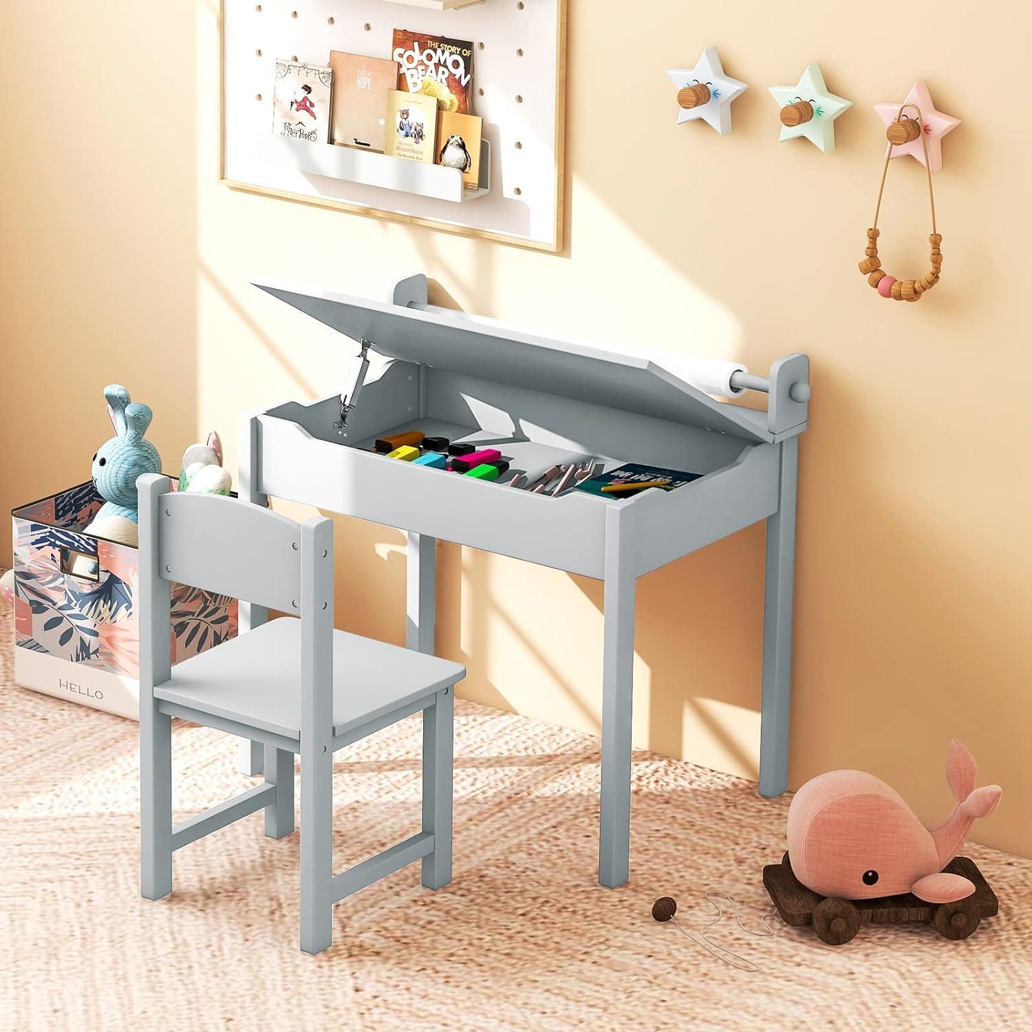 Gray Wooden Kids Activity Table and Chair Set with Storage