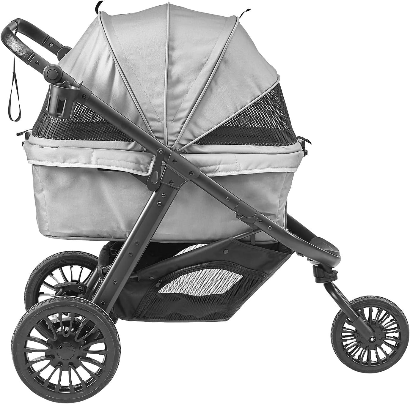 Gray Large Pet Stroller with Adjustable Handle and Storage