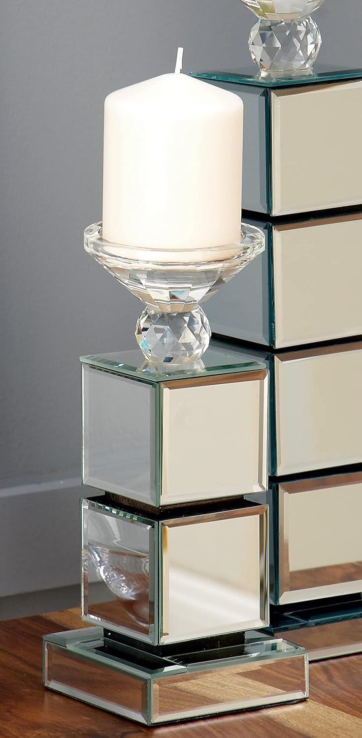 DecMode Silver Glass Pillar Candle Holder with Mirrored Sides