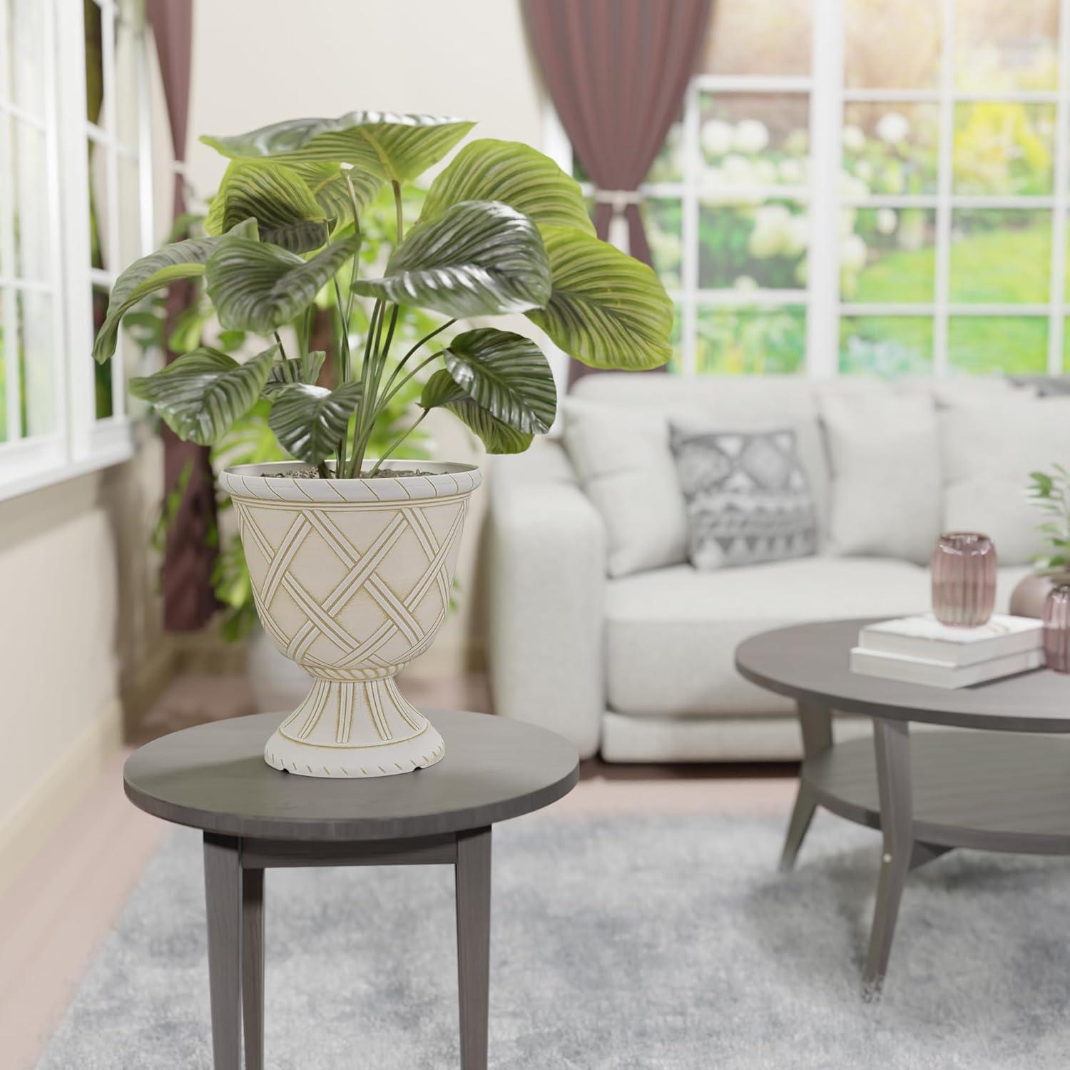 PL60GD Lattice Plastic Garden Urn, Classic Decorative Garden Pot Planter for Indoor and Outdoor Plants, Gold