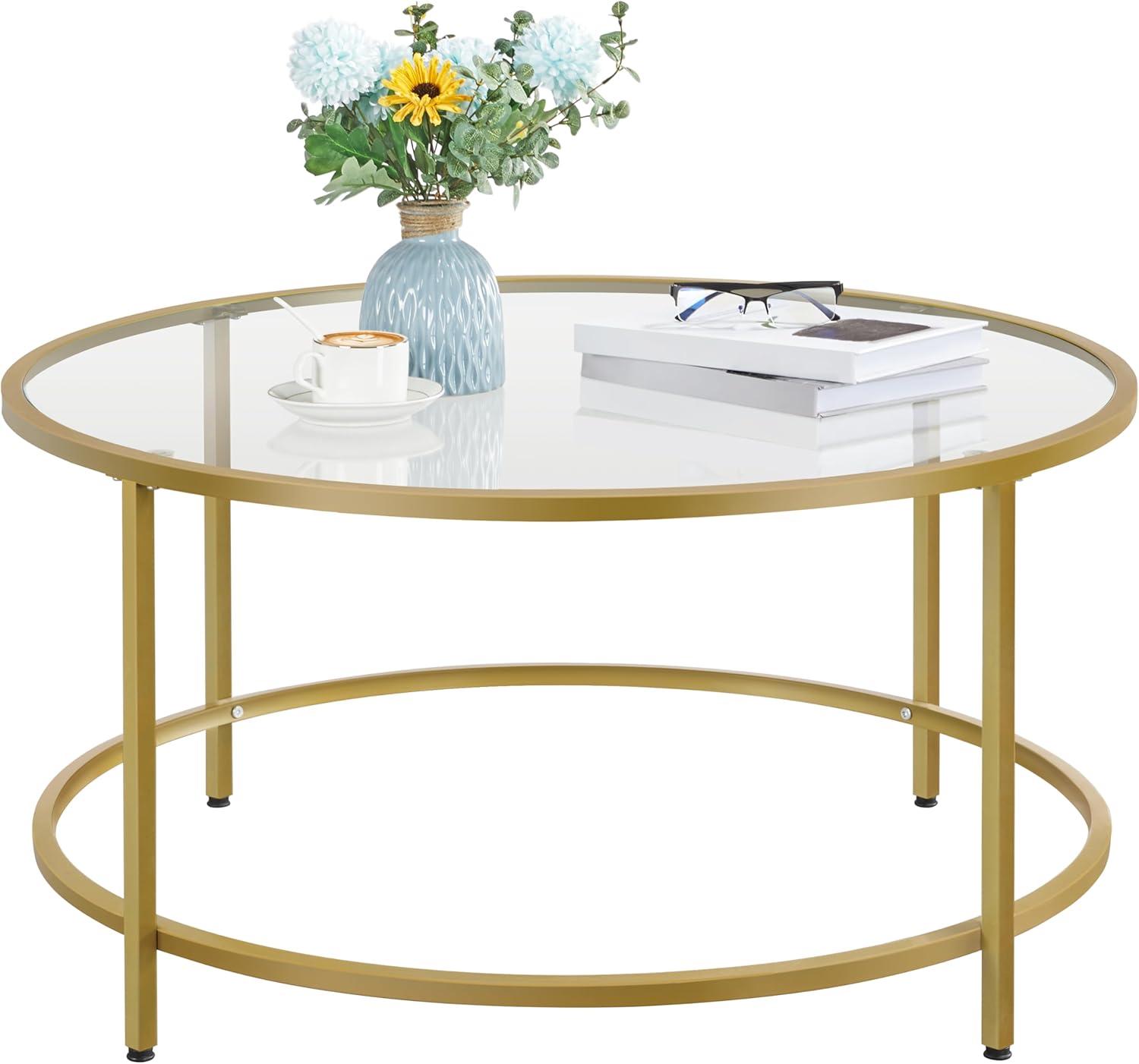 36" Round Glass Coffee Table, Gold Circle Coffee Table Center Table with Glass Top, Small Coffee Table for Living Room, Office and Apartment