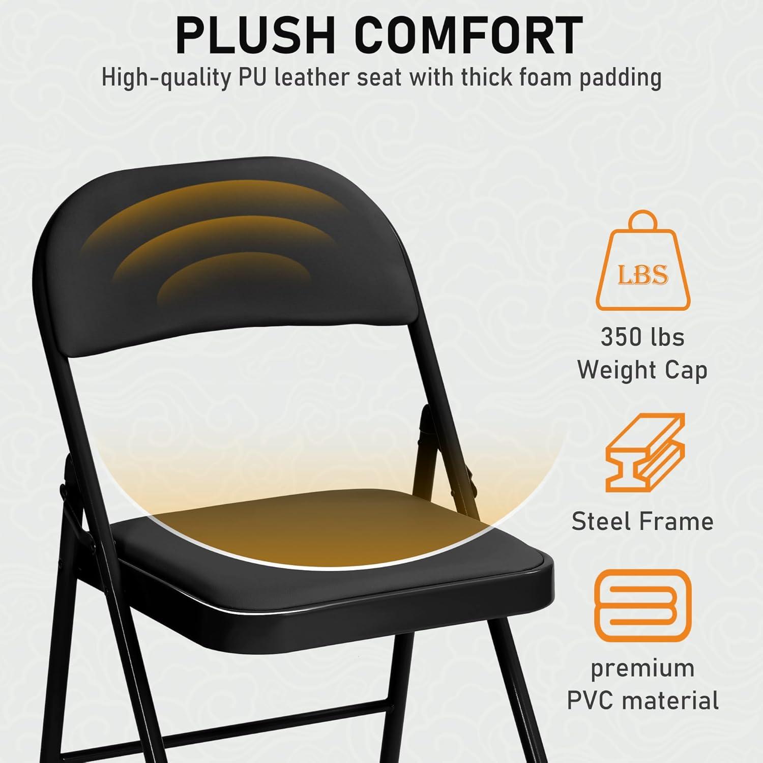 VENI 4-Pack Vinyl-Padded 30" Metal Folding Steel Chairs  Adult Foldable Chair 4 Pack, Black