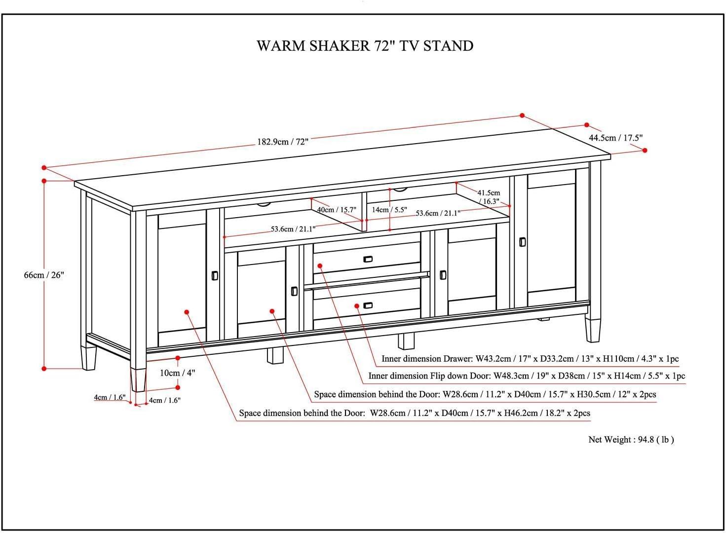 Simpli Home Warm Shaker 47"W Solid Wood TV Stand for TVs up to 55" with 2 Storage Cabinets and 2 Drawers
