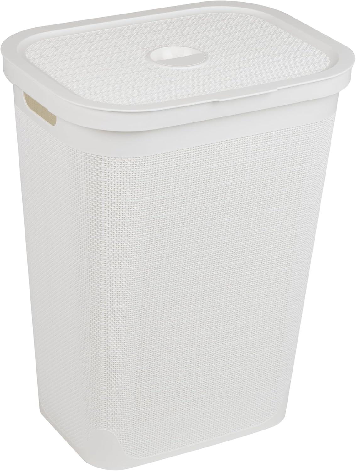 Mind Reader Slim Laundry Hamper, Clothes Basket, Lid, Linen Design, Plastic