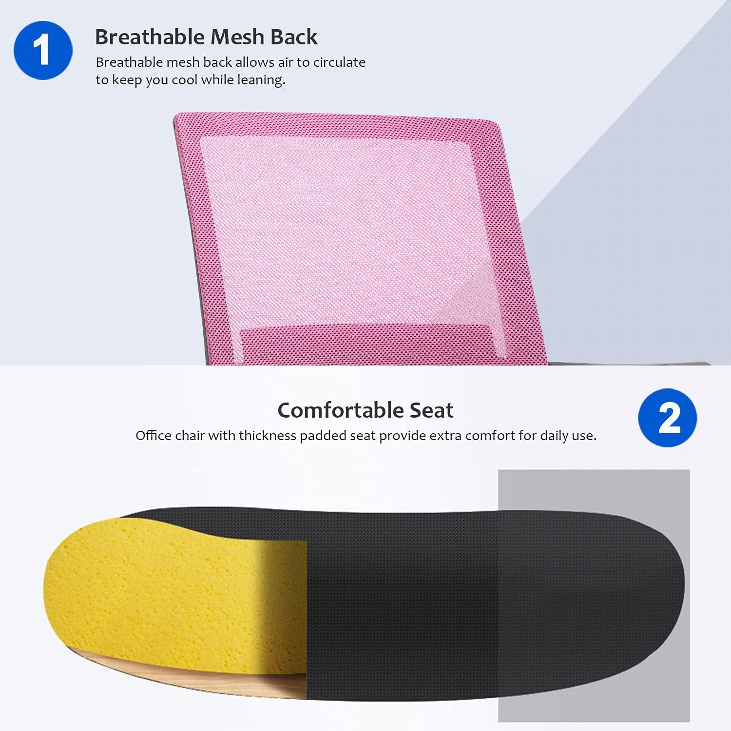 FDW Home Office Chair Mid-Back Mesh Computer Chair Lumbar Support Comfortable Executive Adjustable Chair with Armrests,Pink