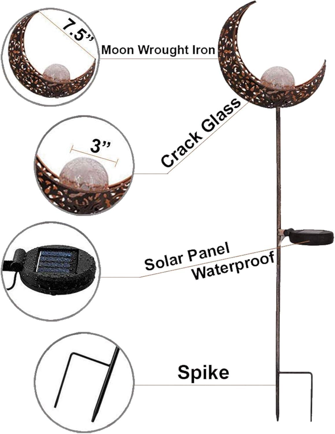 TRAHOO-Garden Solar Light Outdoor Decorative, Moon Crackle Glass Globe Stake Metal LightsWaterproof Warm White LED for Pathway, Lawn, Patio, Yard