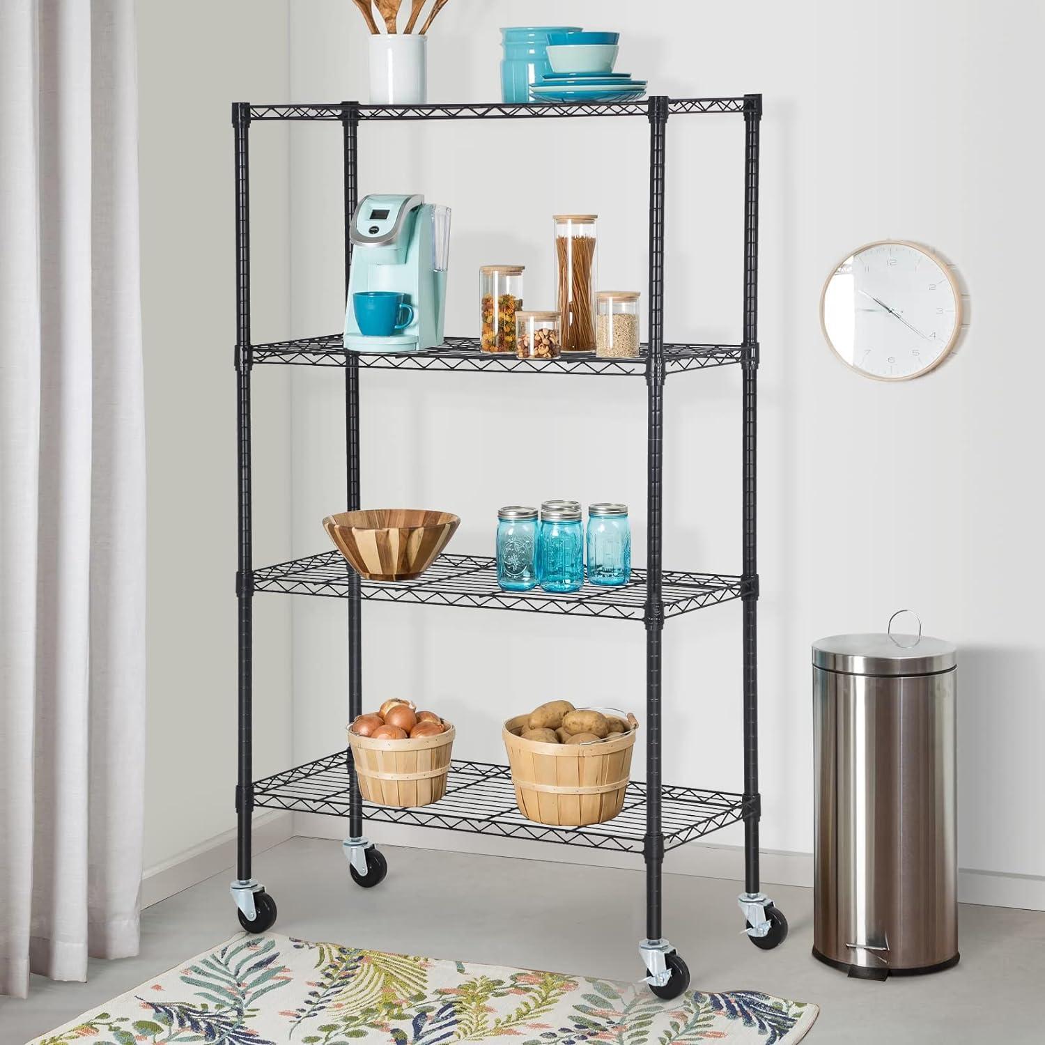 Killeryuki Chrome Storage Shelves, 4-Tier Wire Shelving with Wheels Adjustable Storage Shelves 500lbs Capacity Metal Shelf 36L x 14W x 62H for Office Garage Kitchen Basement Bedroom