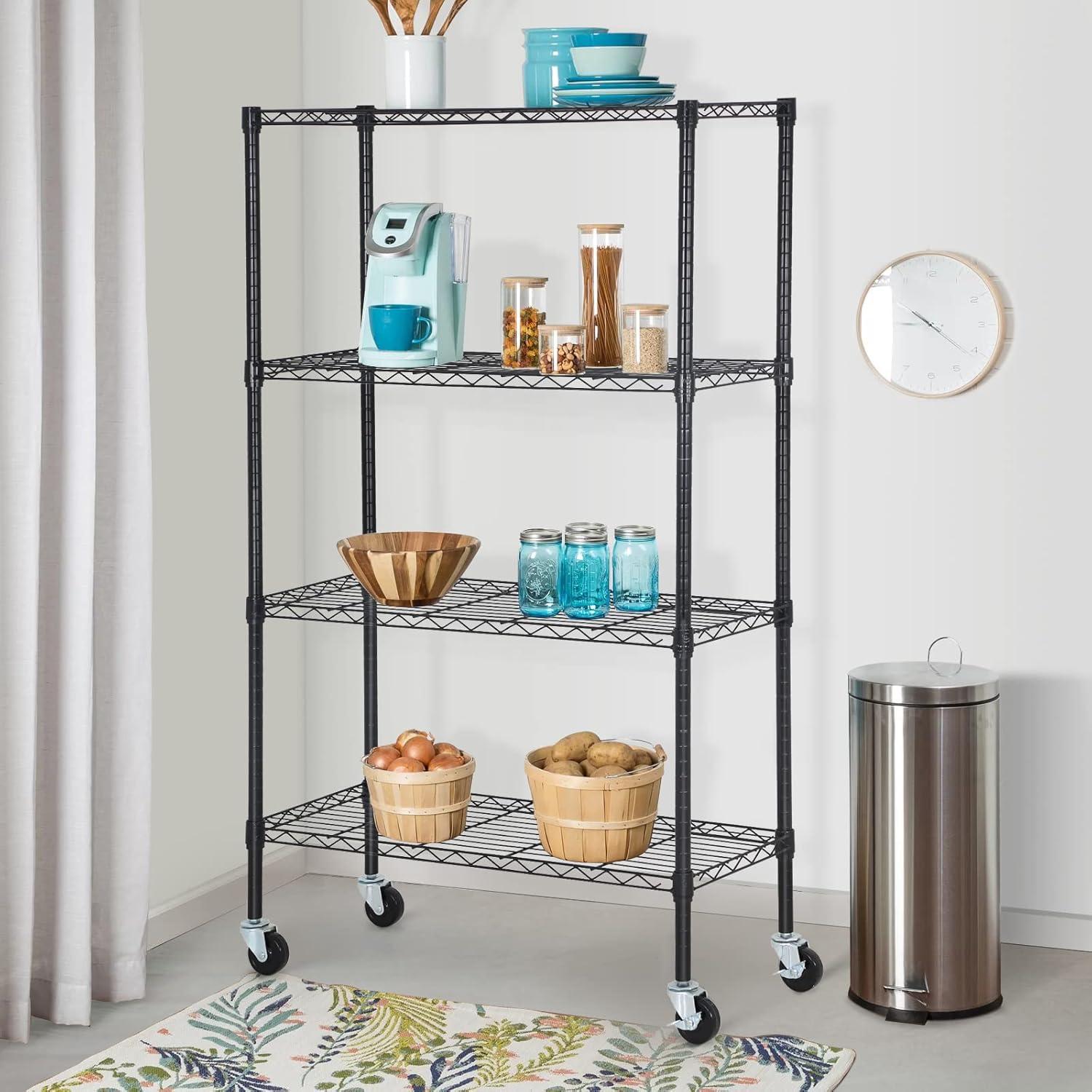 Killeryuki Chrome Storage Shelves, 4-Tier Wire Shelving with Wheels Adjustable Storage Shelves 500lbs Capacity Metal Shelf 36L x 14W x 62H for Office Garage Kitchen Basement Bedroom
