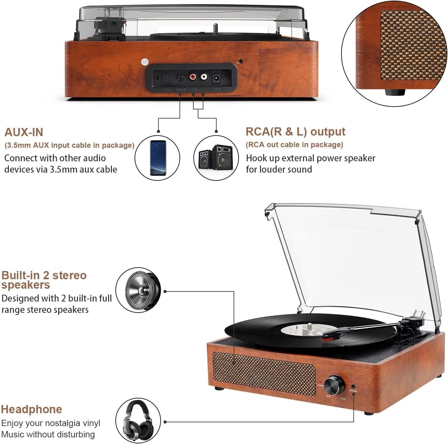 Record Players Vintage Turntable for Vinyl Records with Speakers Belt-Driven Turntables Support 3-Speed, Bluetooth Wireless Playback, Headphone, AUX-in, RCA Line LP Vinyl Players