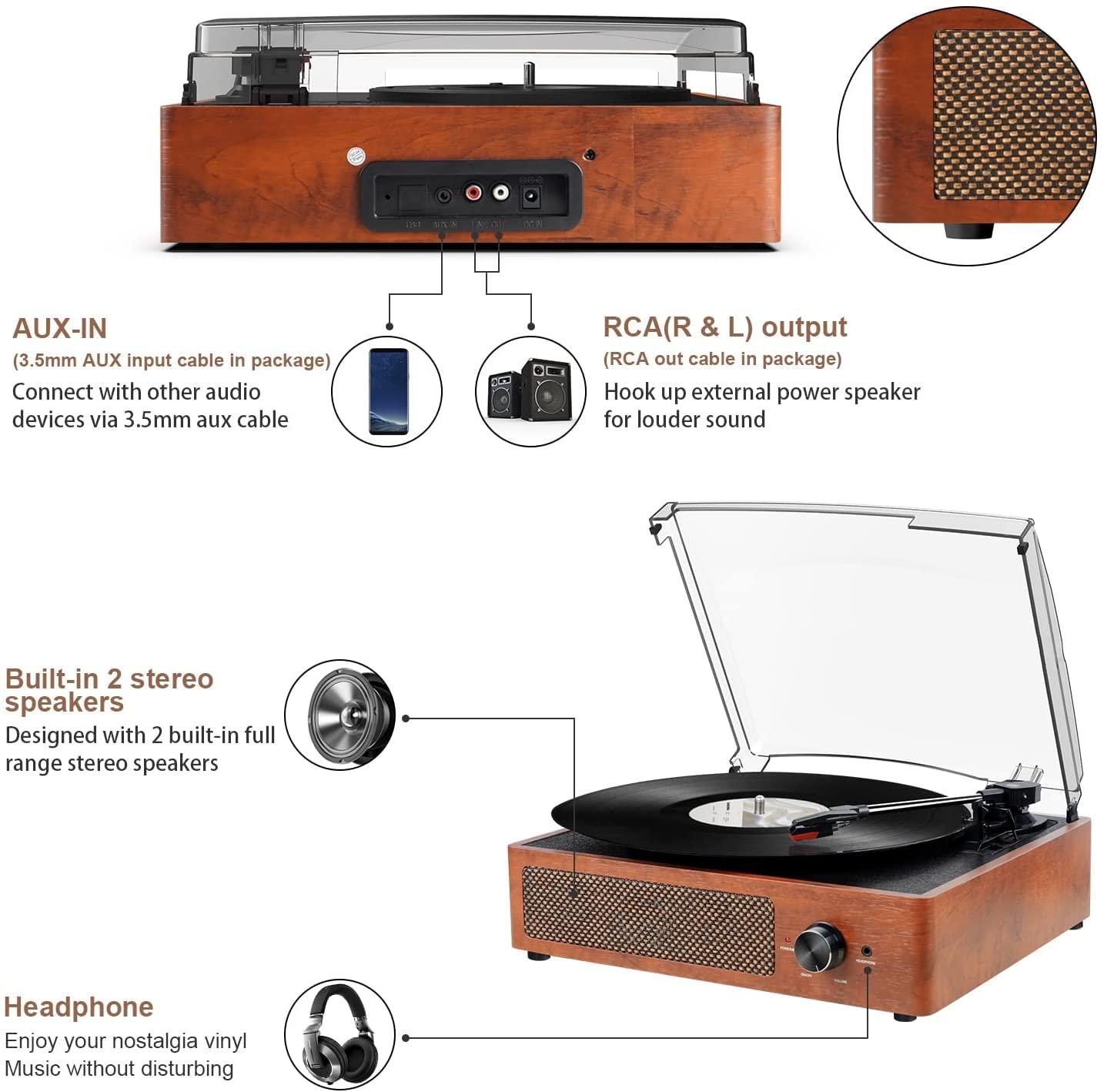 Record Players Vintage Turntable for Vinyl Records with Speakers Belt-Driven Turntables Support 3-Speed, Bluetooth Wireless Playback, Headphone, AUX-in, RCA Line LP Vinyl Players