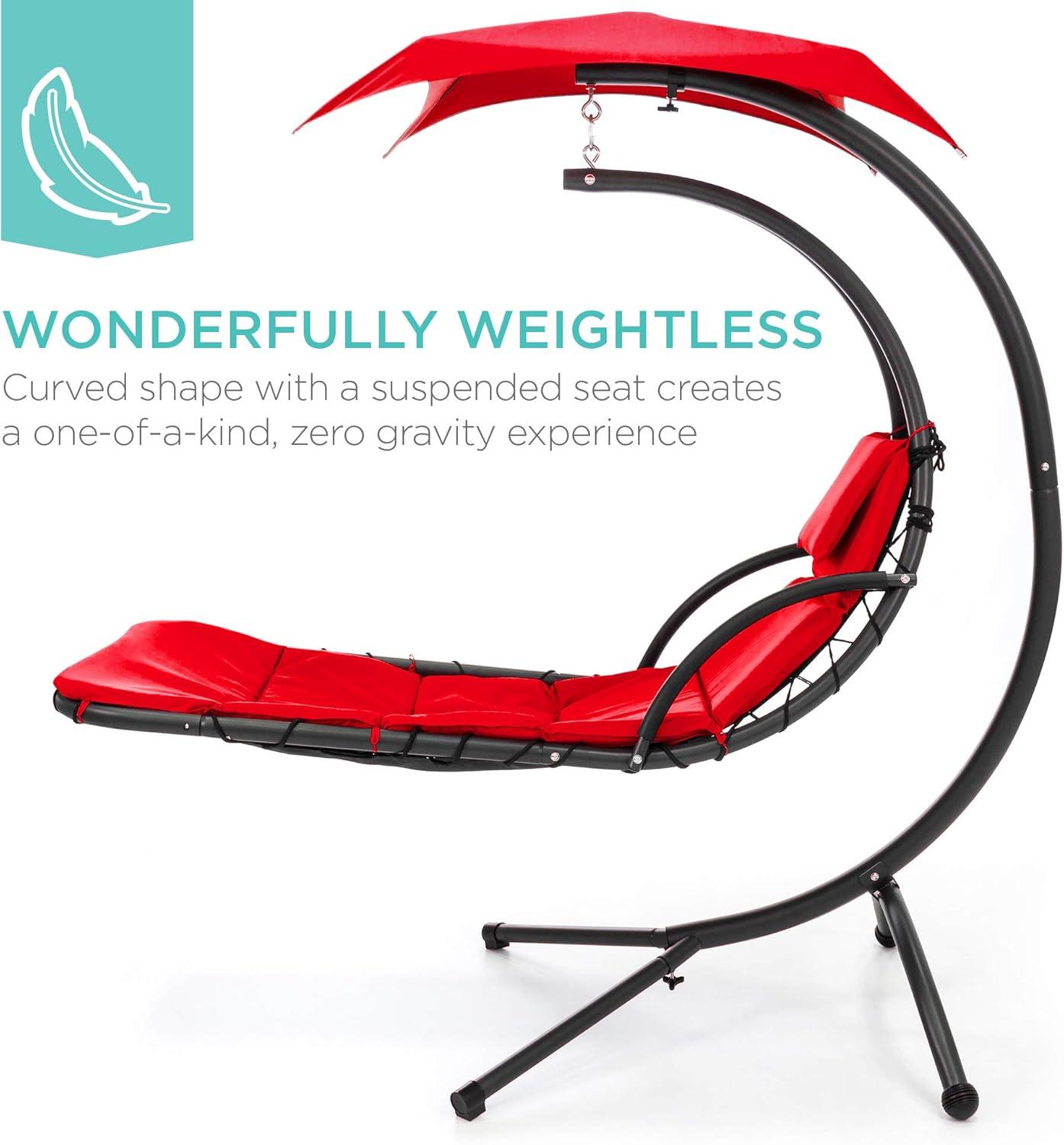 Best Choice Products Hanging Curved Chaise Lounge Chair Swing for Backyard, Patio w/ Pillow, Shade, Stand - Red