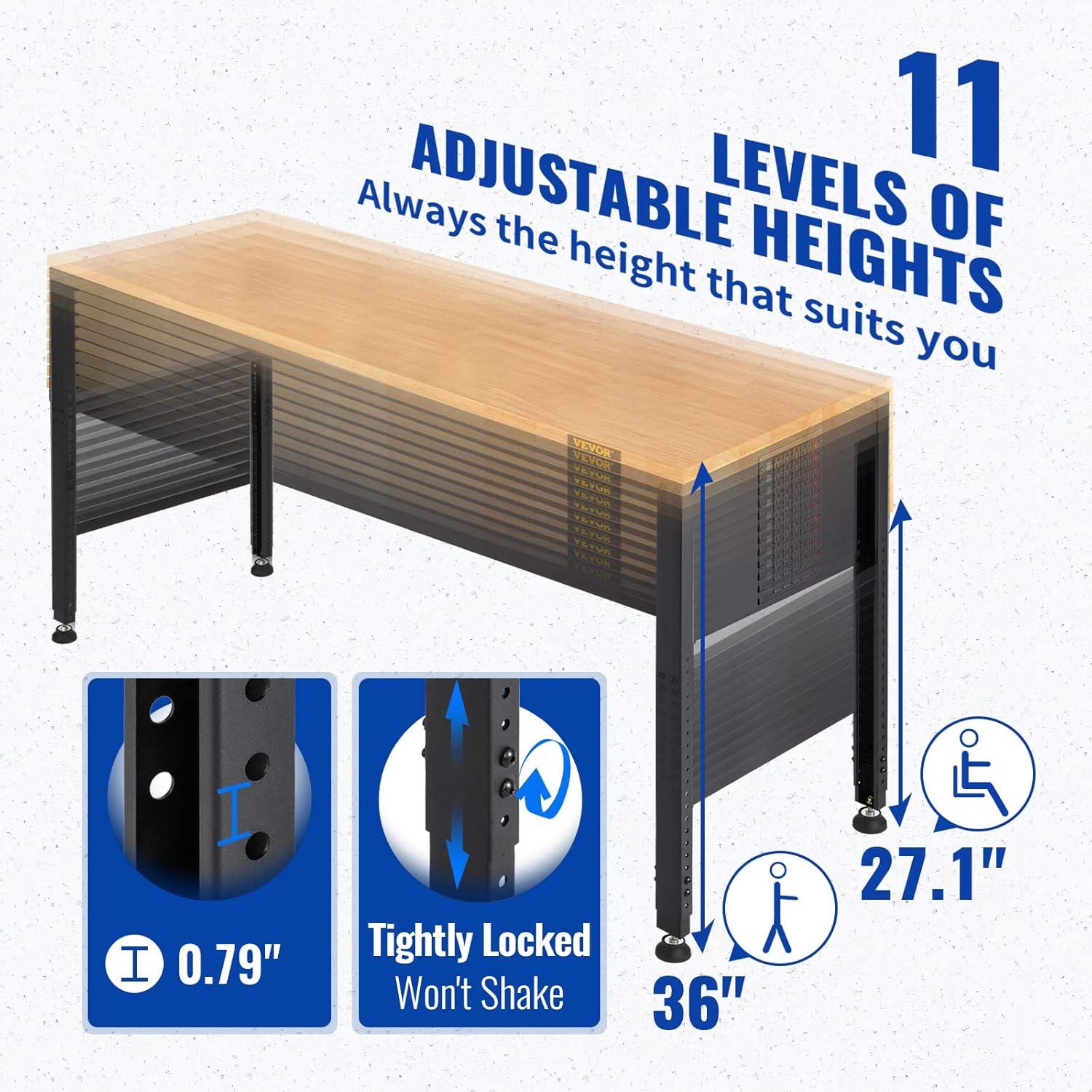 61'' W Wood Top Height-Adjustable Workbench