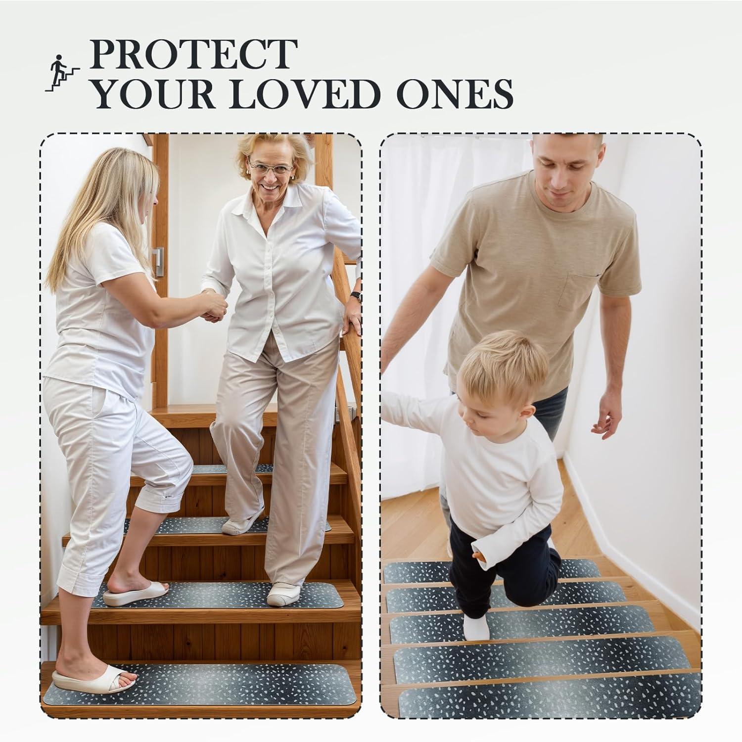 Bungalow Rose Stair Treads Non Slip For Wooden Steps, 15PCS 8"X30" Grey Rubber Backing Stair Runner Mats, Washable Reusable Carpet For Stairs Rugs Indoor Safety Staircase Step Treads For Kids Elders Dogs