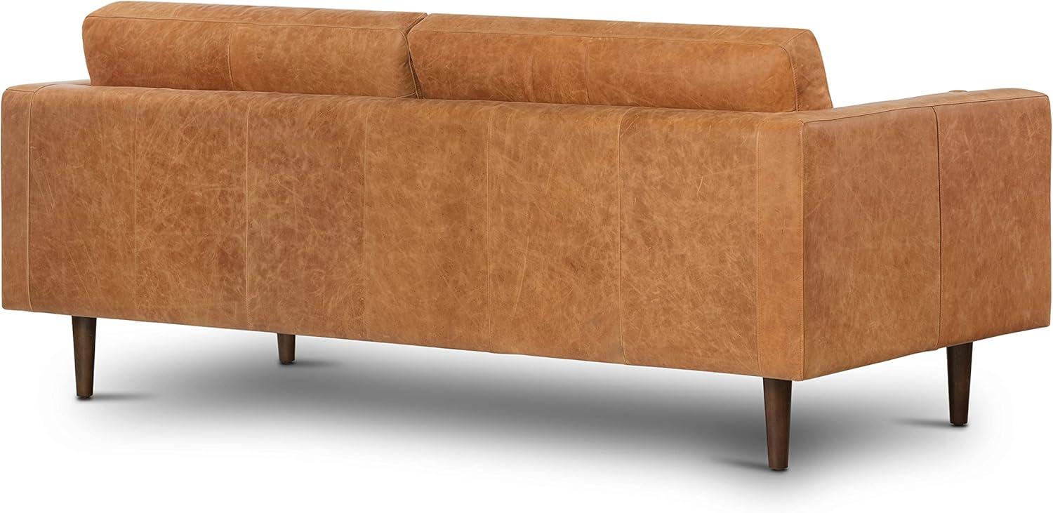 Cognac Tan Leather Tufted Sofa with Solid Wood Legs