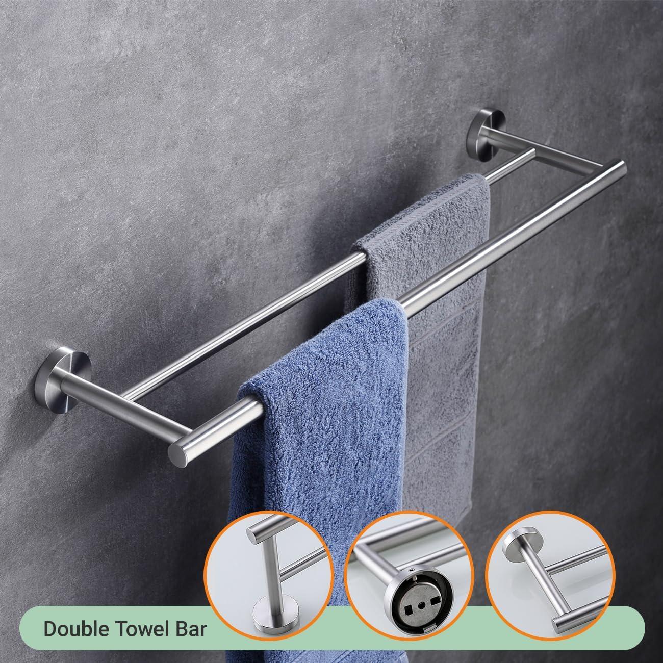 4-Piece Bathroom Accessories Set Brushed Stainless Steel Wall Mount - Includes Double Towel Bar, Hand Towel Rack, Toilet Paper Holder, Robe Hooks, BS100S4-BN