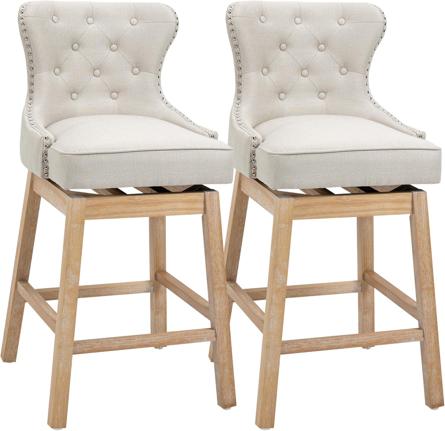 HOMCOM Upholstered Fabric Bar Height Bar Stools Set of 2, 180° Swivel Nailhead-Trim Pub Chairs, 30" Seat Height with Rubber Wood Legs