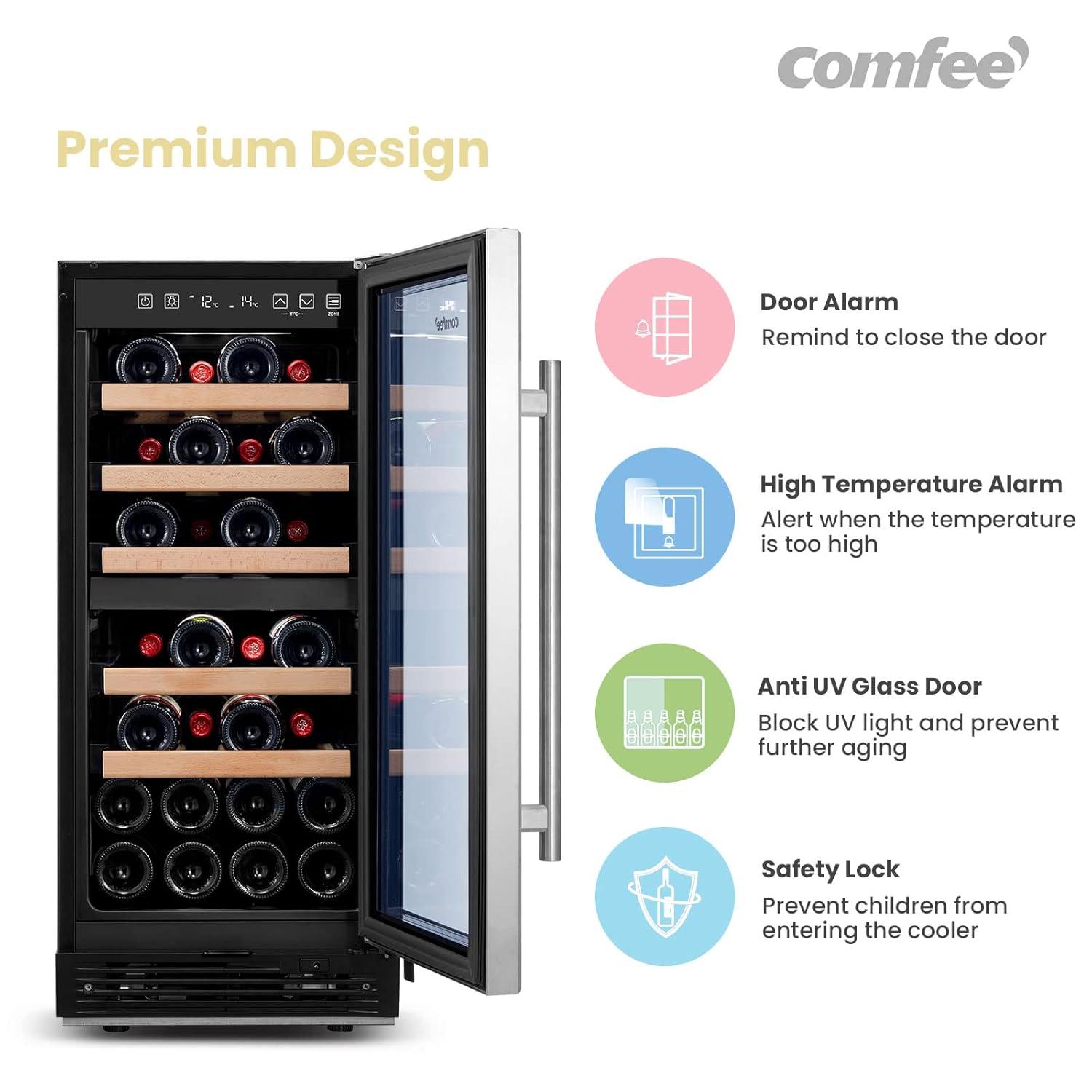 Comfee 28-Bottle Dual Zone Free Standing Beverage and Wine Cooler, Stainless Steel