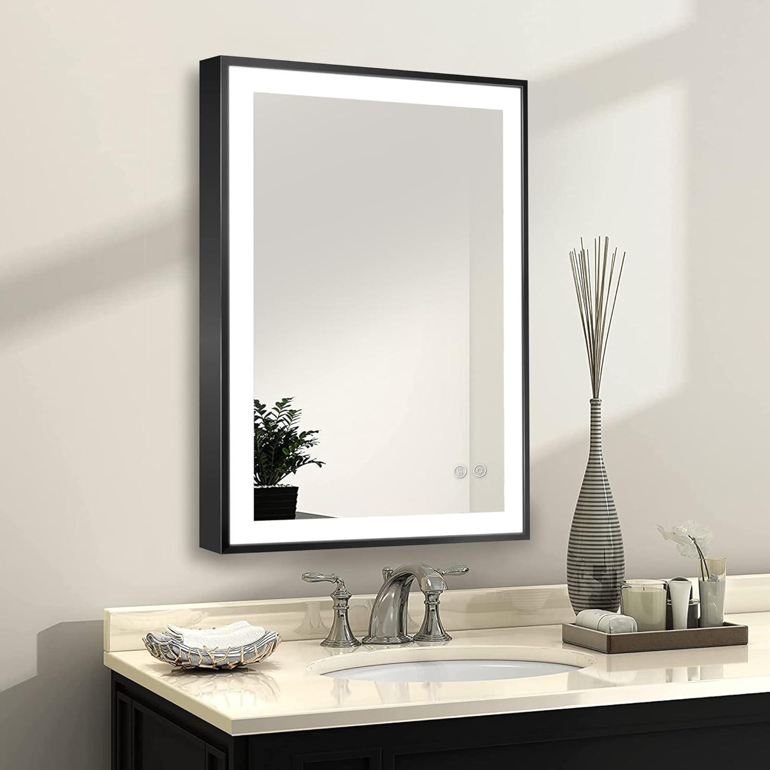 Rectangle Lighted LED Bathroom and Vanity Mirror 30 X 40 Inch Framed with Anti Fog, Adjustable Light Color and Dimmer Touch Sensors (Matte Black) by Fab Glass and Mirror