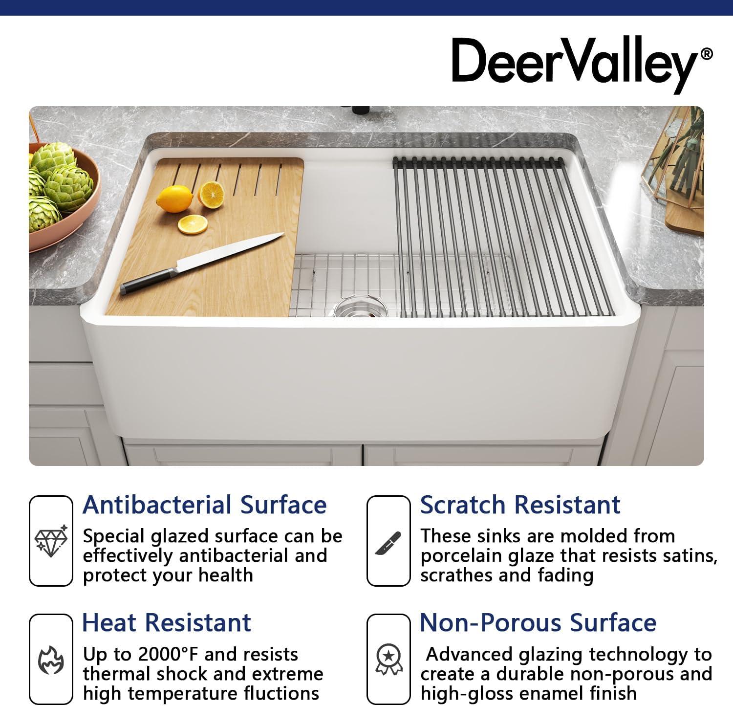 DeerValley 33" L X 20" W Single Basin Workstation Farmhouse Kitchen Sink With Sink Grid, Cutting Board And Dish-Drying Rack