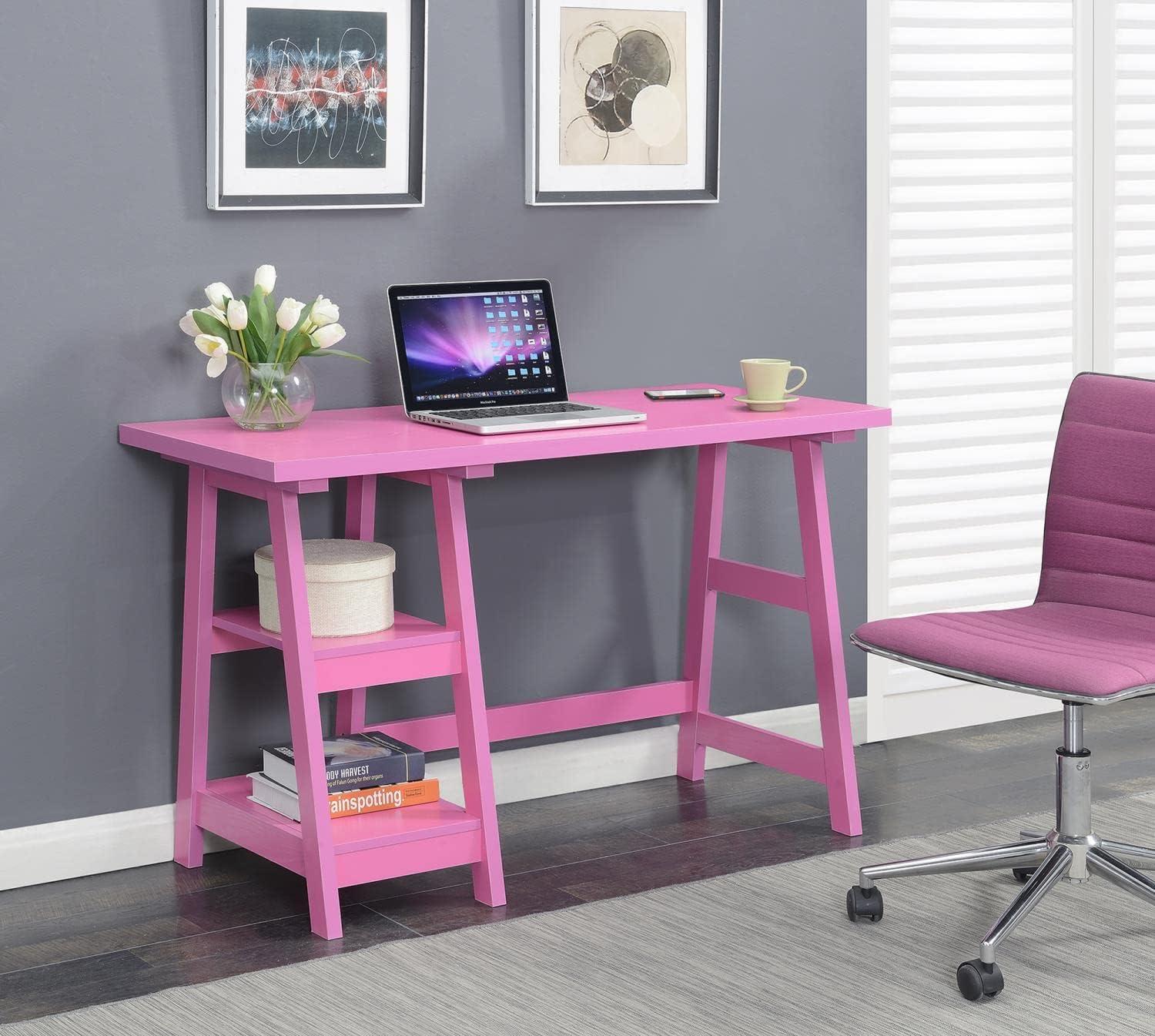 Convenience Concepts Designs2Go 29.25" Tall Trestle Desk with Shelves, Pink