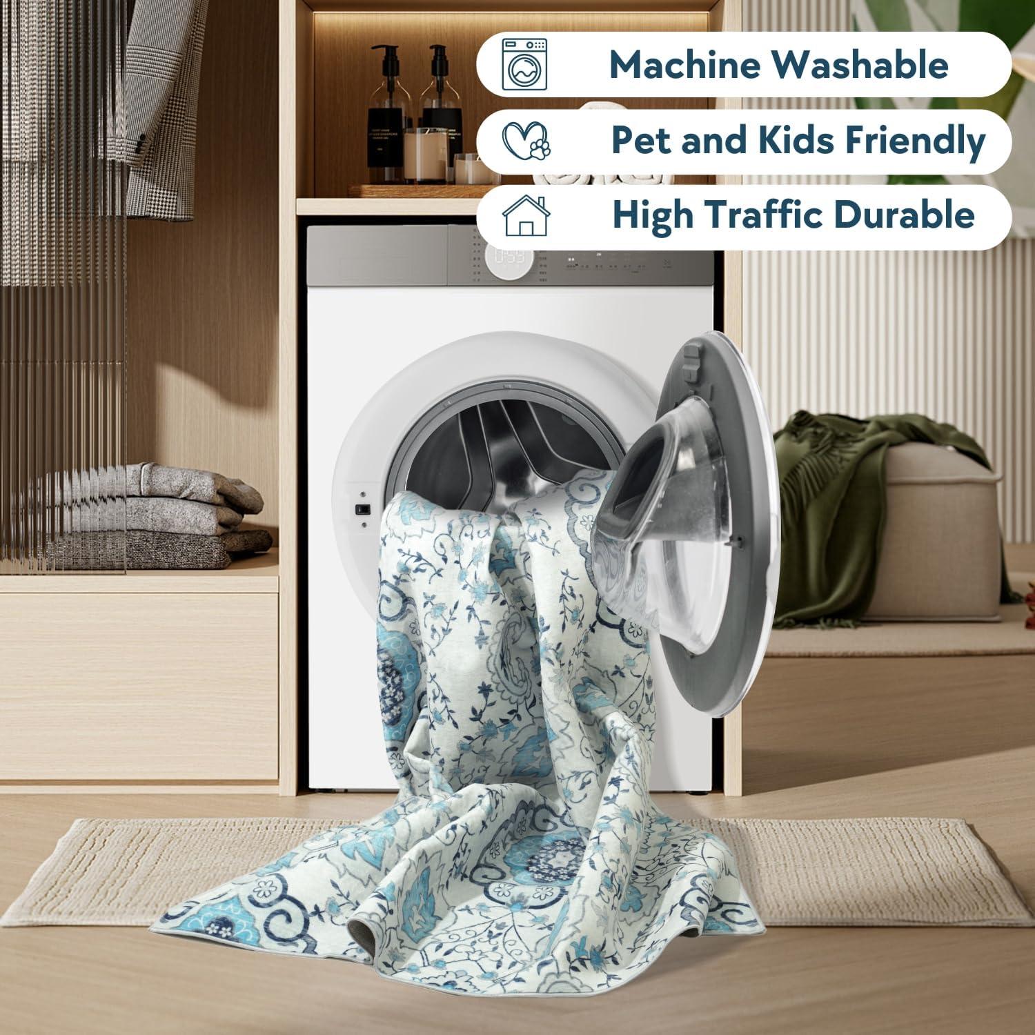 Machine Washable Thin Area Rug - Oriental Vintage Rust Red Kitchen, Bedroom, Hallway, Bathroom, and Entryway 3x5 Rugs - Stain and Water-Resistant - Non-Slip - Pet and Kid Friendly