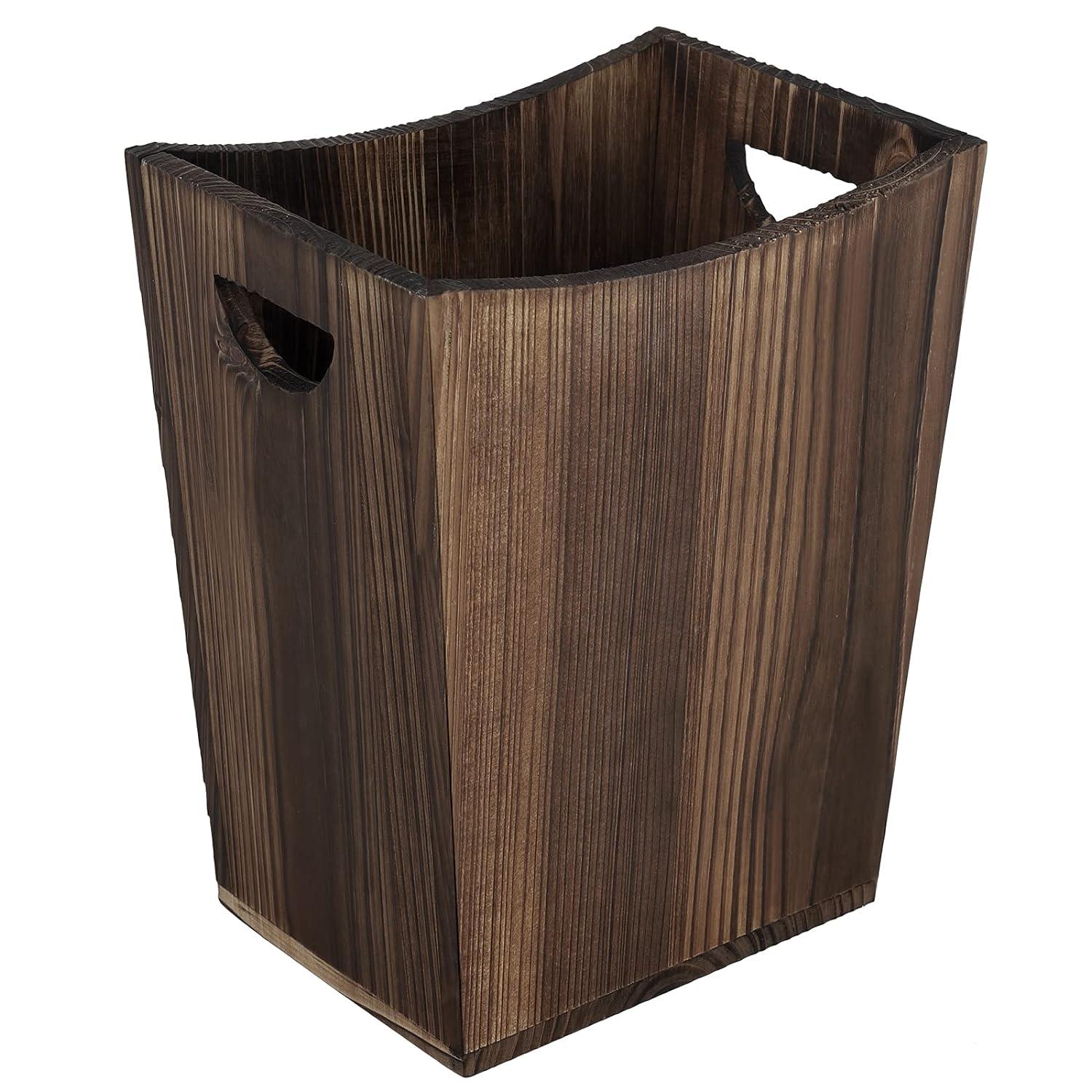 Rustic Brown Wood Rectangular Wastebasket with Handles