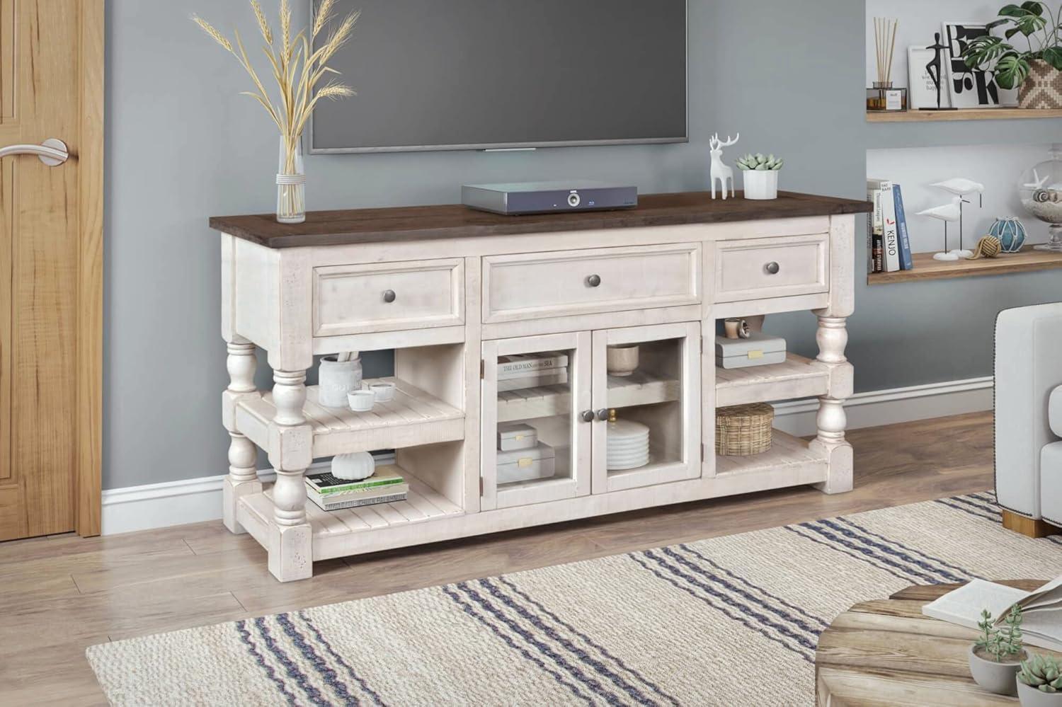 Sunset Trading Stowe Barn Door Console - Media Cabinet - TV Stand - Rustic White and Brown Solid Wood