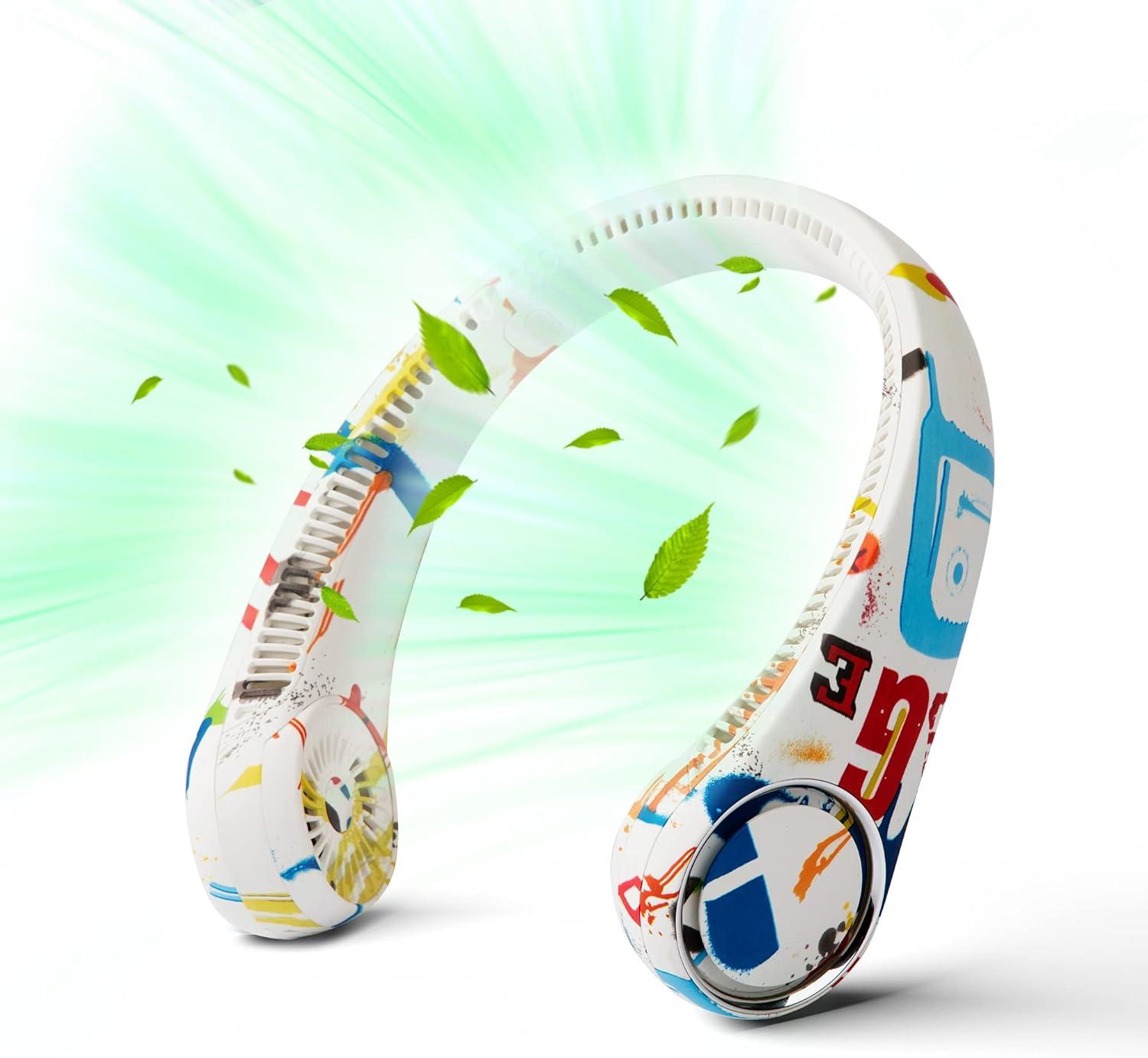 Portable Neck Fan, Hands Free Bladeless 360° Cooling Personal Fan,Wearable Quiet Fan for Outdoor Indoor, Gifts for Men Women, 4000mAh Battery Operated, USB Rechargeable, 3-Speeds(Black Graffiti)