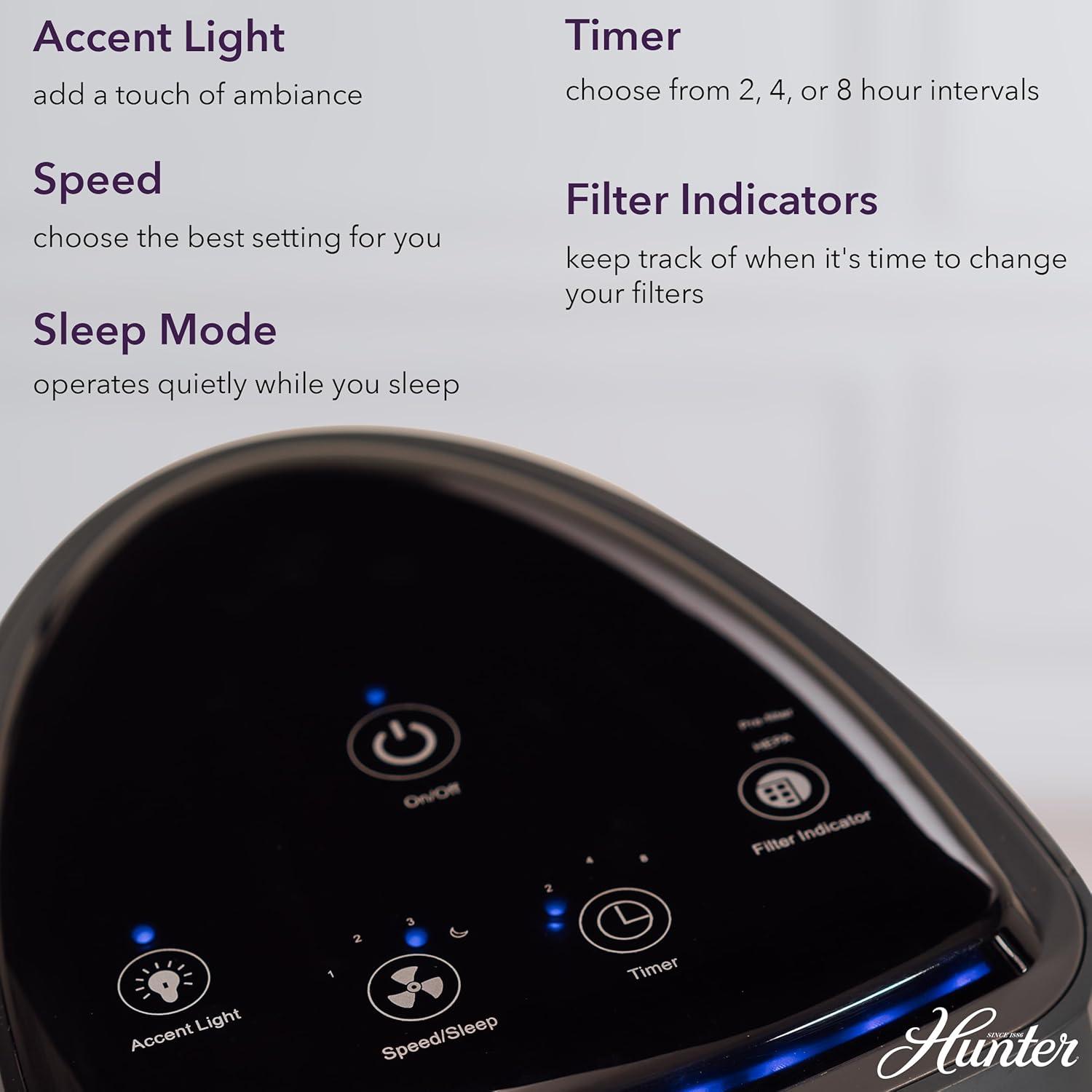 Hunter HP600 Air Purifier. True HEPA Air Purifier Tower for Pets, Odors, Allergens, Smoke, Dust, VOC's. 3 Fan Speeds, Sleep Timer