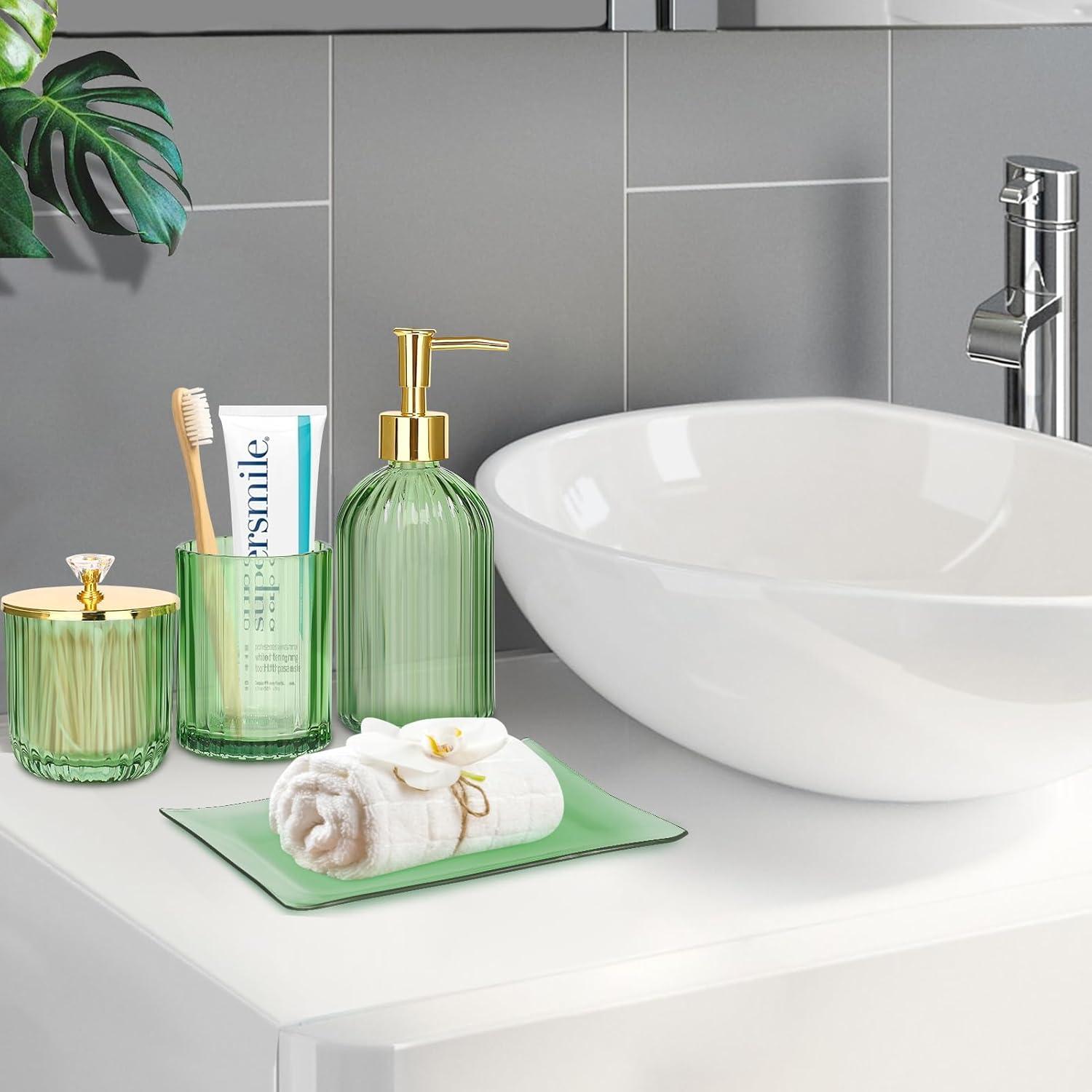 Green Glass Bathroom Accessories Set with Gold Accents, 4 Pieces