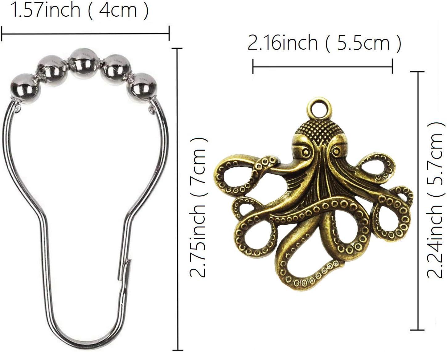 Set of 12 Octopus Shower Curtain Hooks Decorative Home Bathroom Squid Sea Creature Beast Stainless Steel Rustproof Brushed Nickel Rings with Octopus Decorative Accessories (Silver)