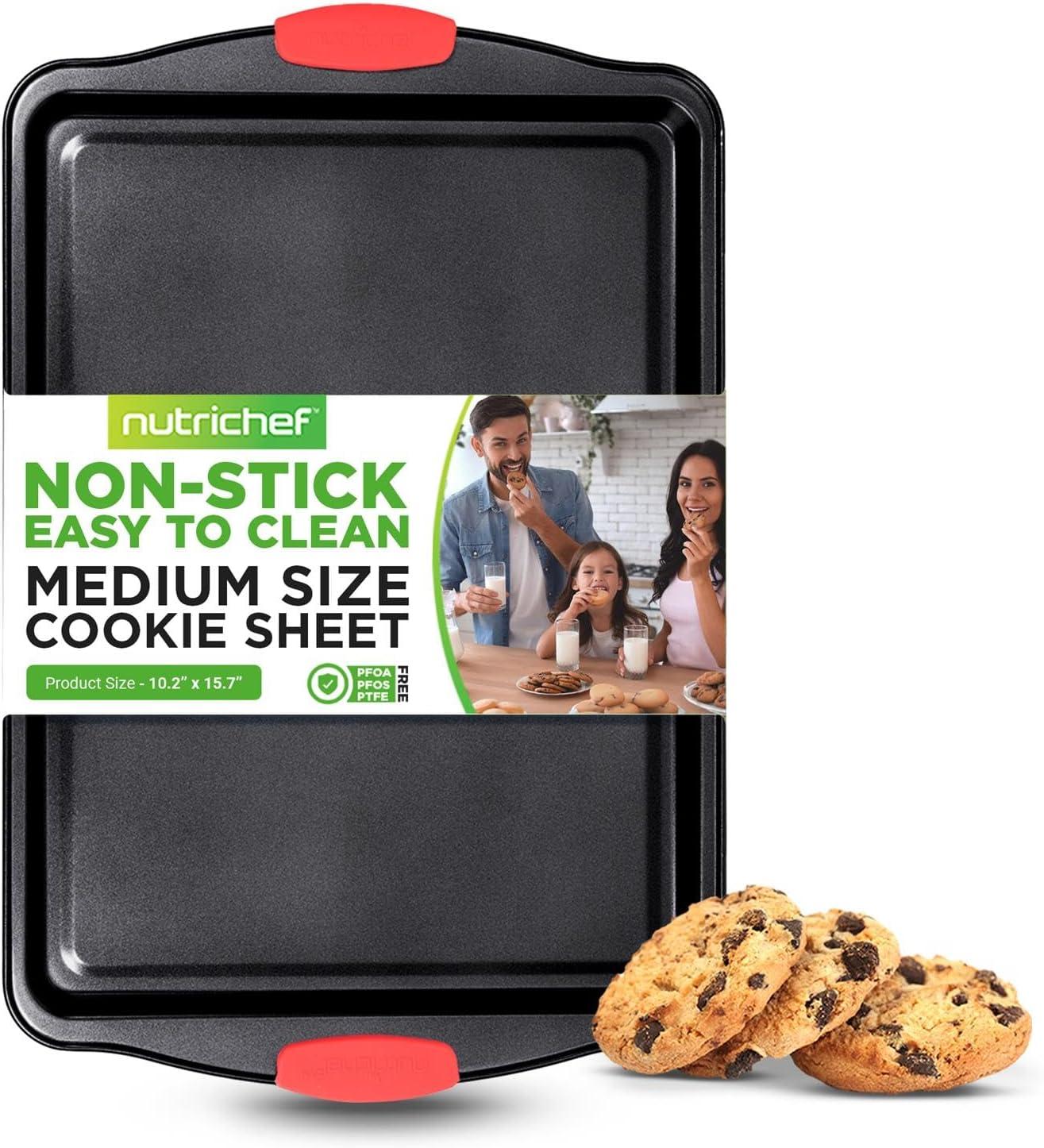 NutriChef 15" Non-Stick Carbon Steel Cookie Sheet with Red Silicone Handles