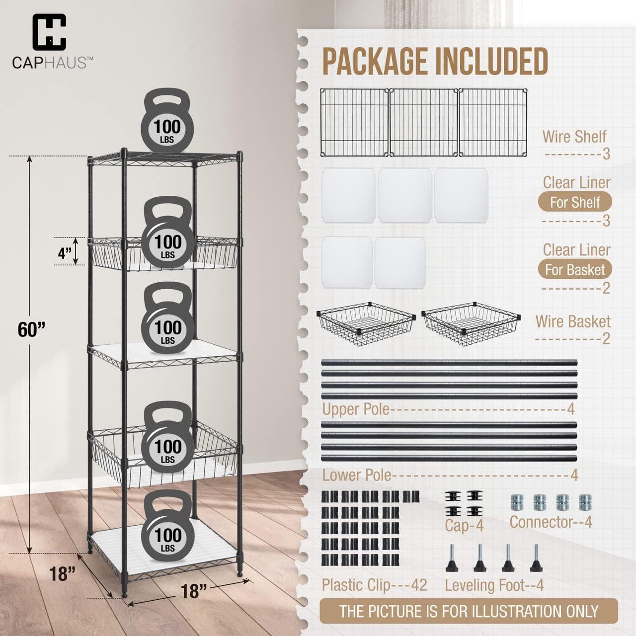 CAPHAUS NSF Adjustable Height 5 Tier Wire Shelving Unit w/ Basket & Liner, Black & Silver