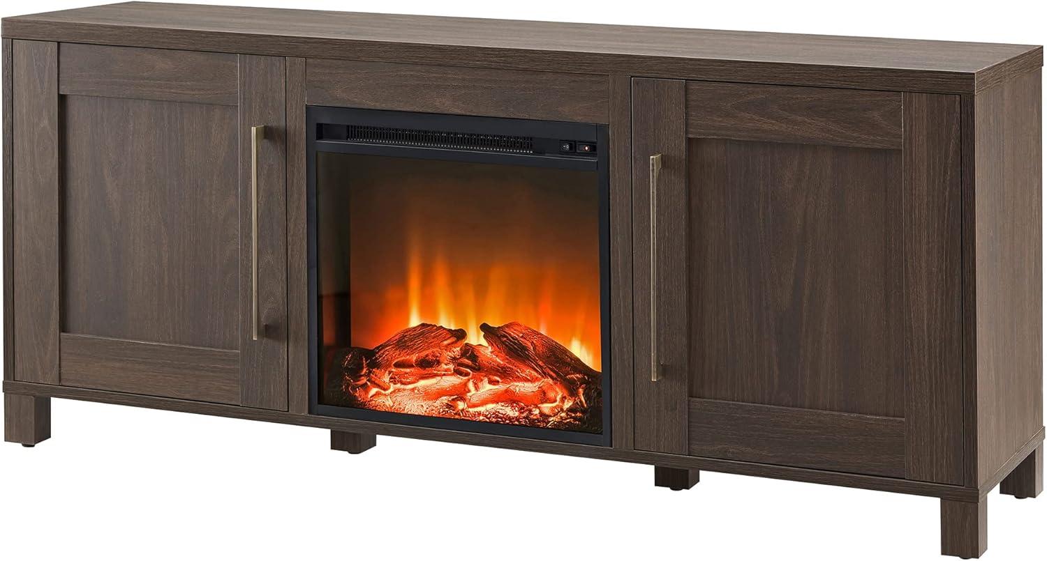 Alder Brown Transitional 58" TV Stand with Electric Fireplace and Cabinets