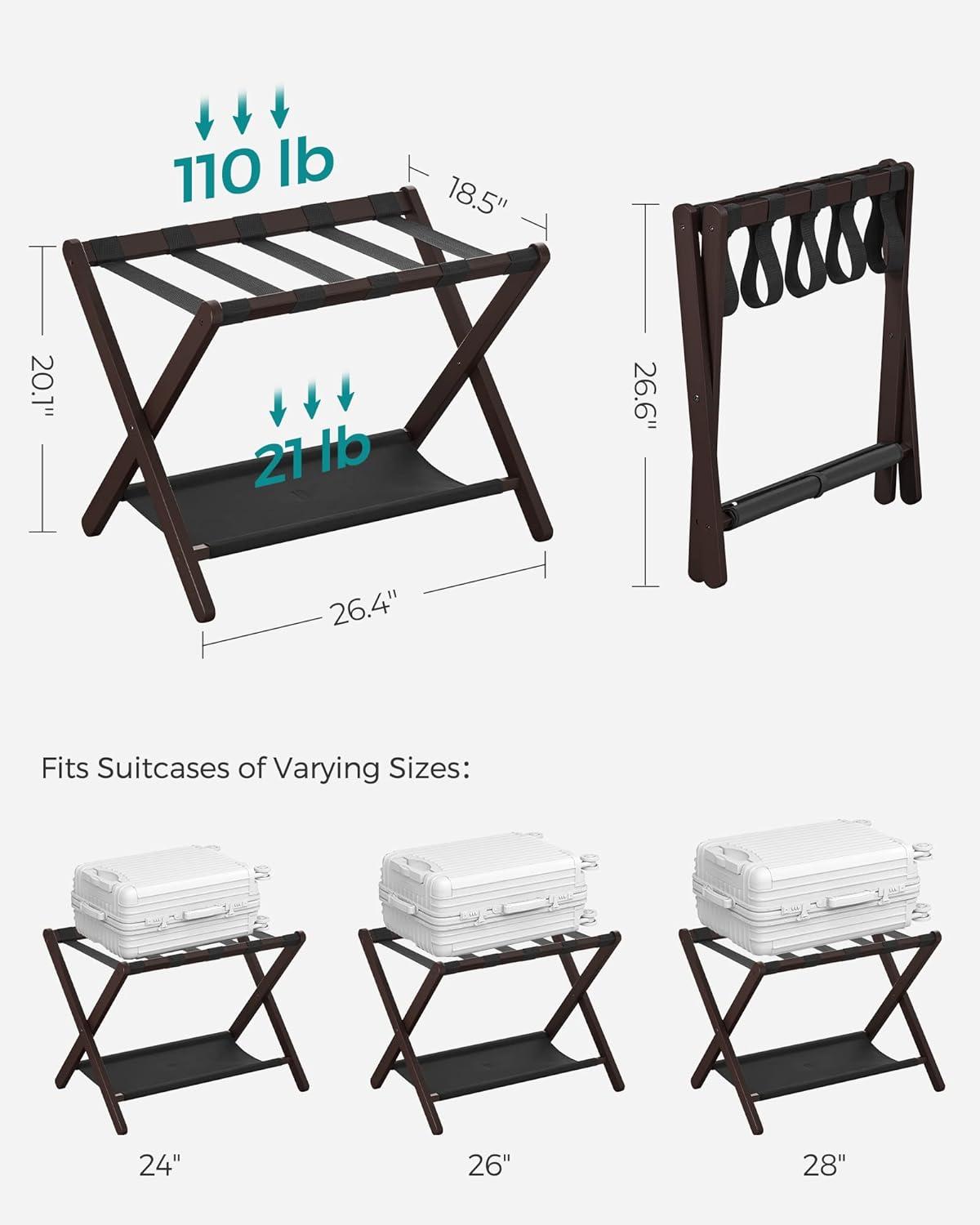 Chestnut Brown Bamboo Foldable Luggage Rack with Storage Shelf